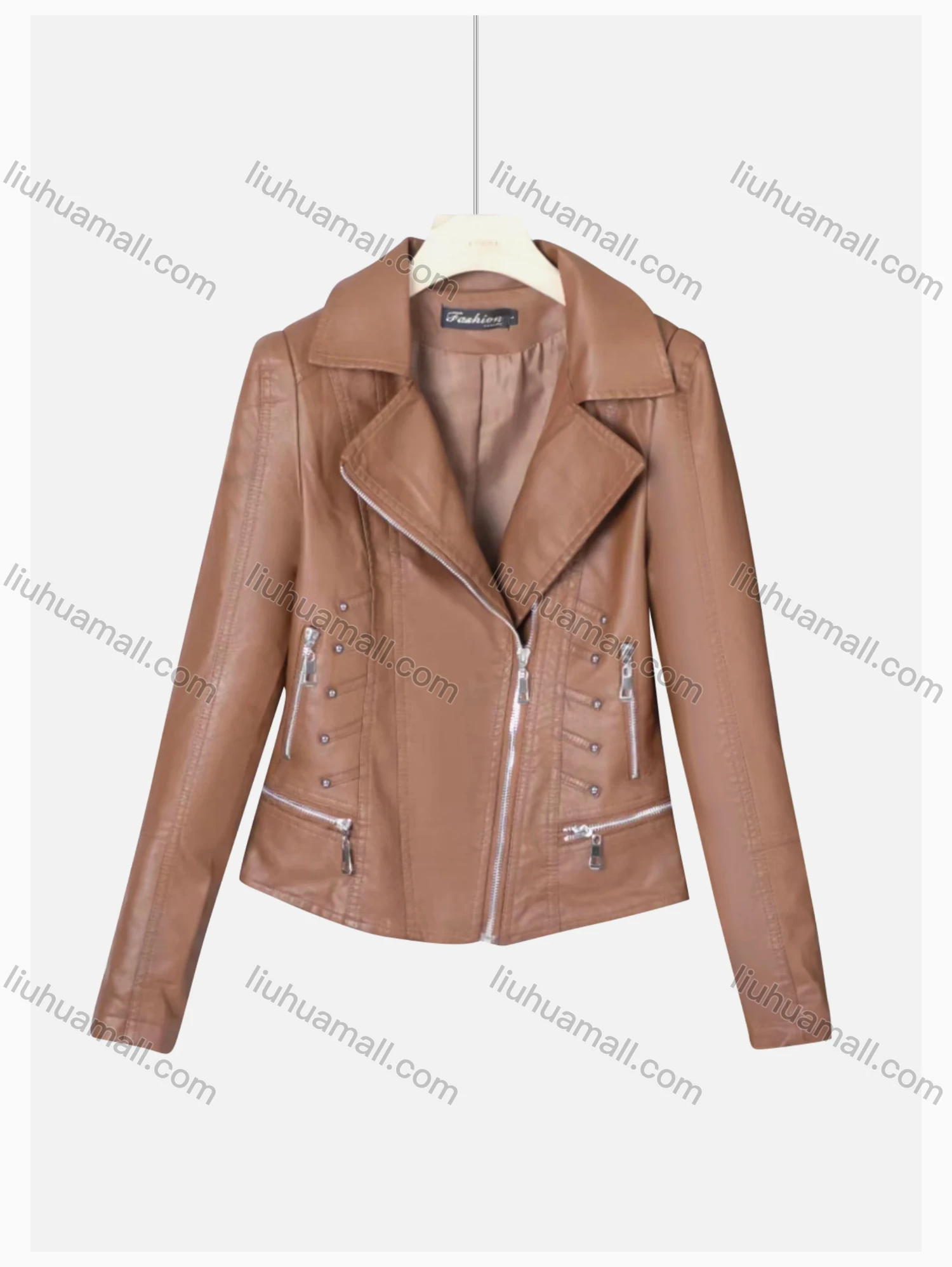 Wholesale Women's Casual Lapel Long Sleeve Zipper Plain Leather Crop Biker Jacket - Liuhuamall