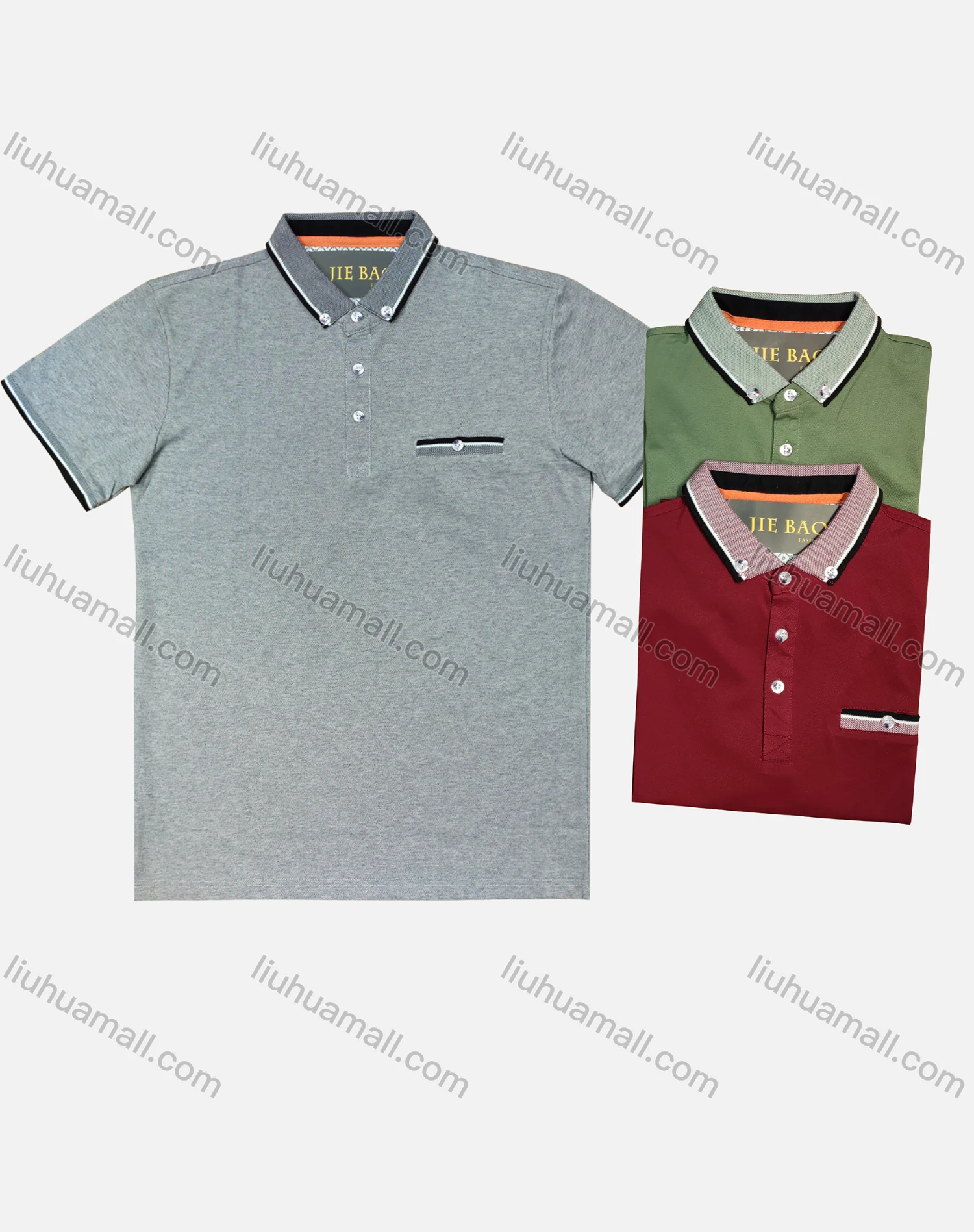 Wholesale Men's Casual Short Sleeve Button Down Striped Trim Polo Shirts - Liuhuamall