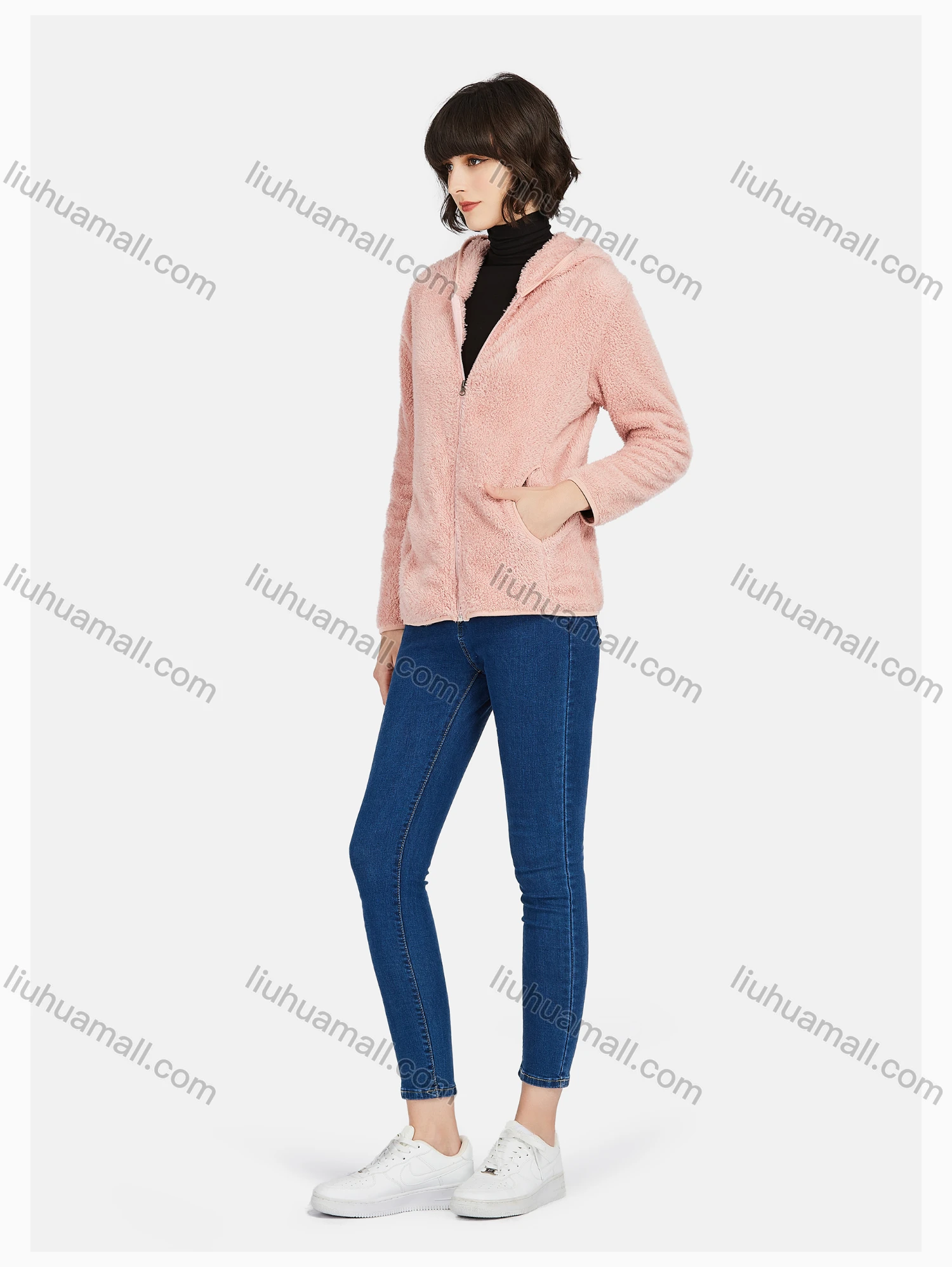 Wholesale Women's Casual Plain Zipper Warm Sherpa Hooded Jacket - Liuhuamall