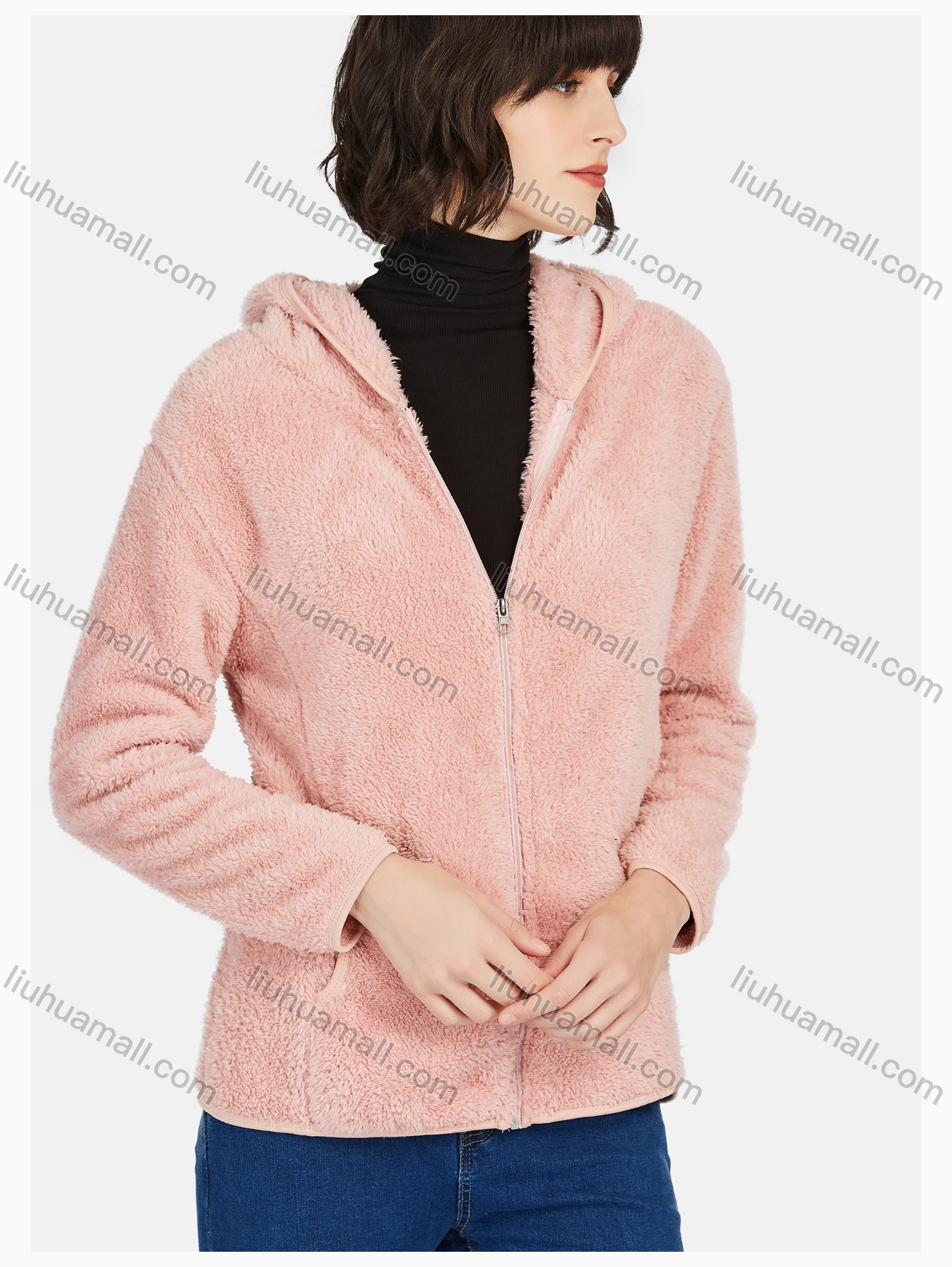 Wholesale Women's Casual Plain Zipper Warm Sherpa Hooded Jacket - Liuhuamall