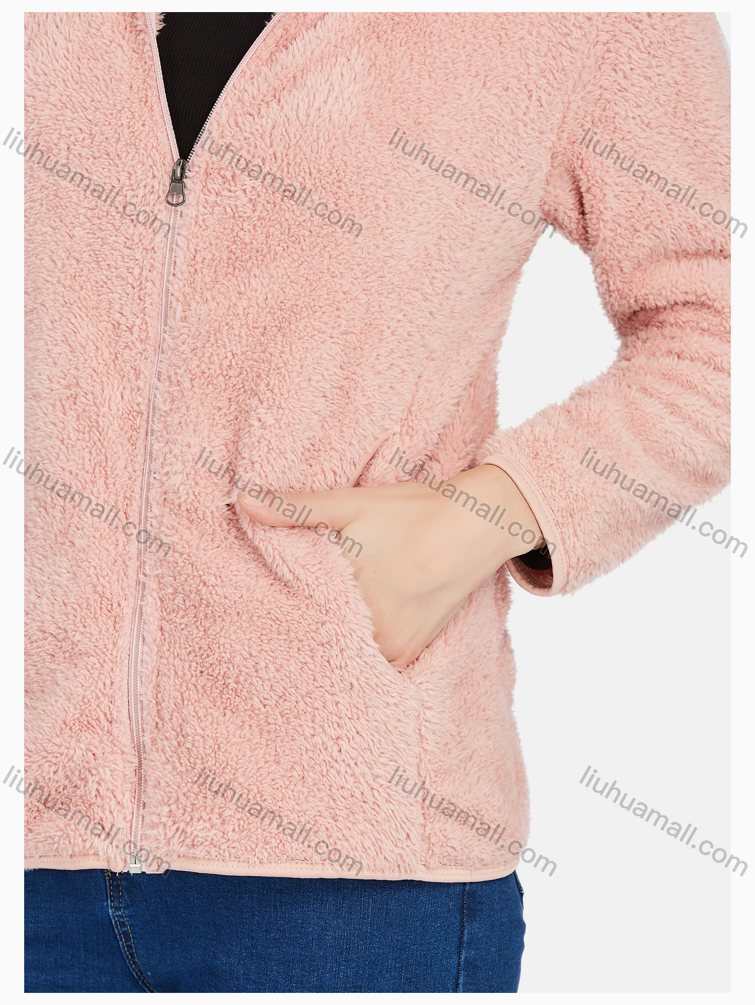 Wholesale Women's Casual Plain Zipper Warm Sherpa Hooded Jacket - Liuhuamall