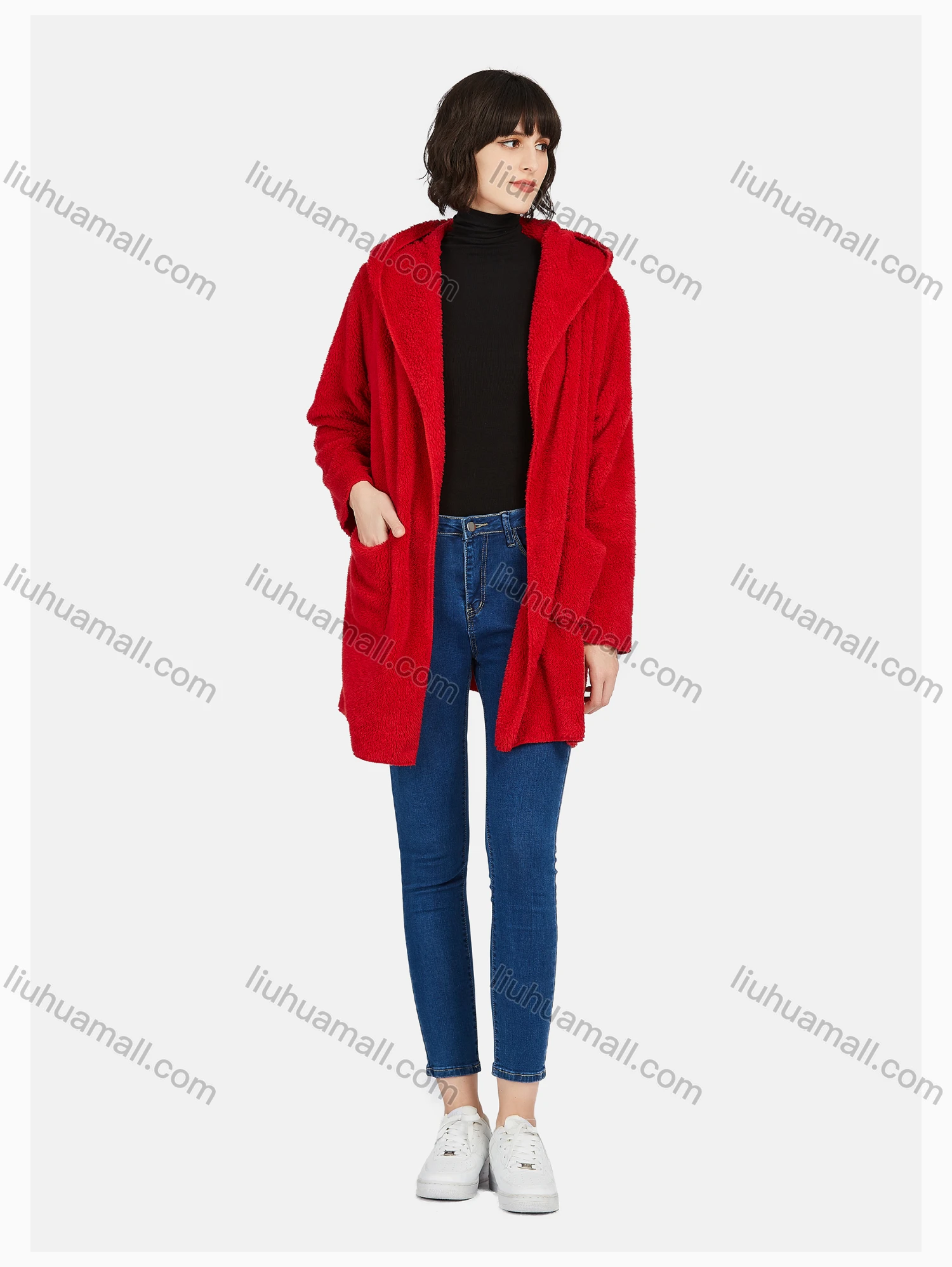 Wholesale Women's Casual Plain Zipper Warm Sherpa Hooded Long Cardigan - Liuhuamall