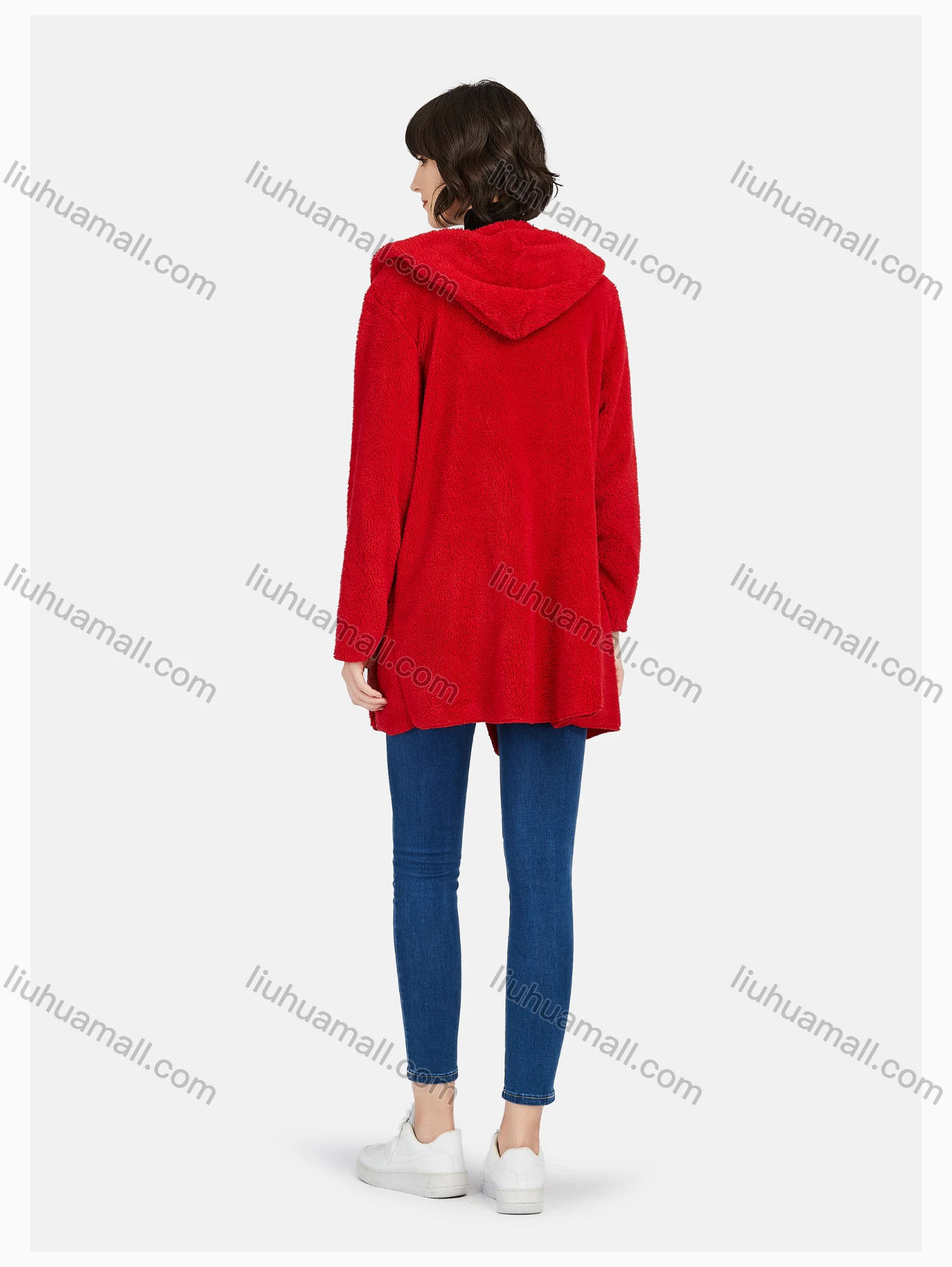 Wholesale Women's Casual Plain Zipper Warm Sherpa Hooded Long Cardigan - Liuhuamall