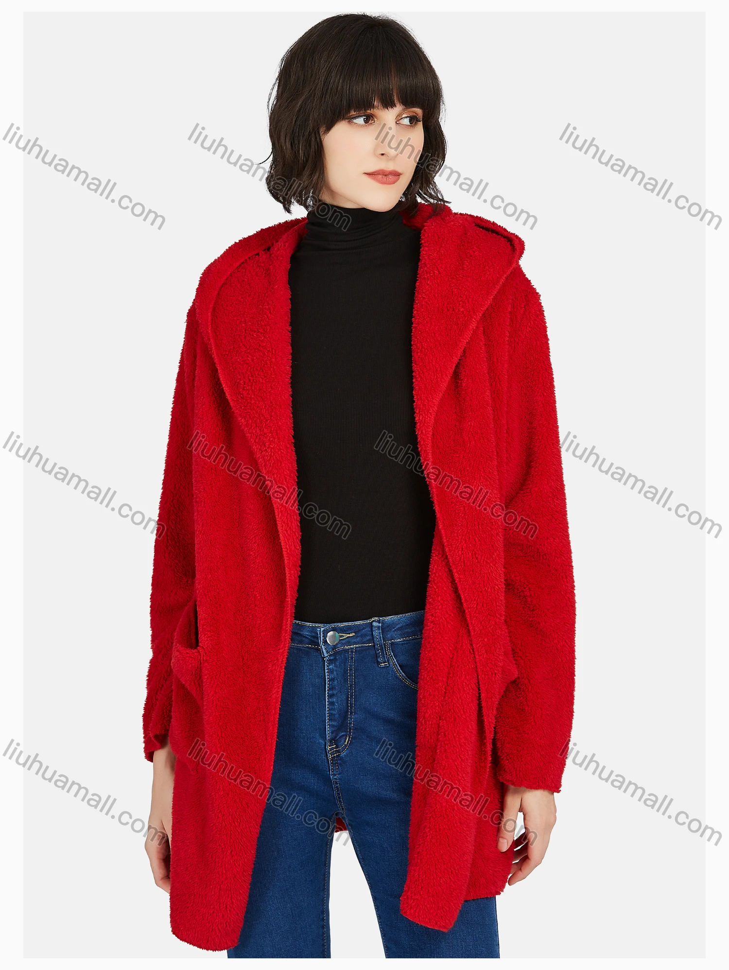 Wholesale Women's Casual Plain Zipper Warm Sherpa Hooded Long Cardigan - Liuhuamall