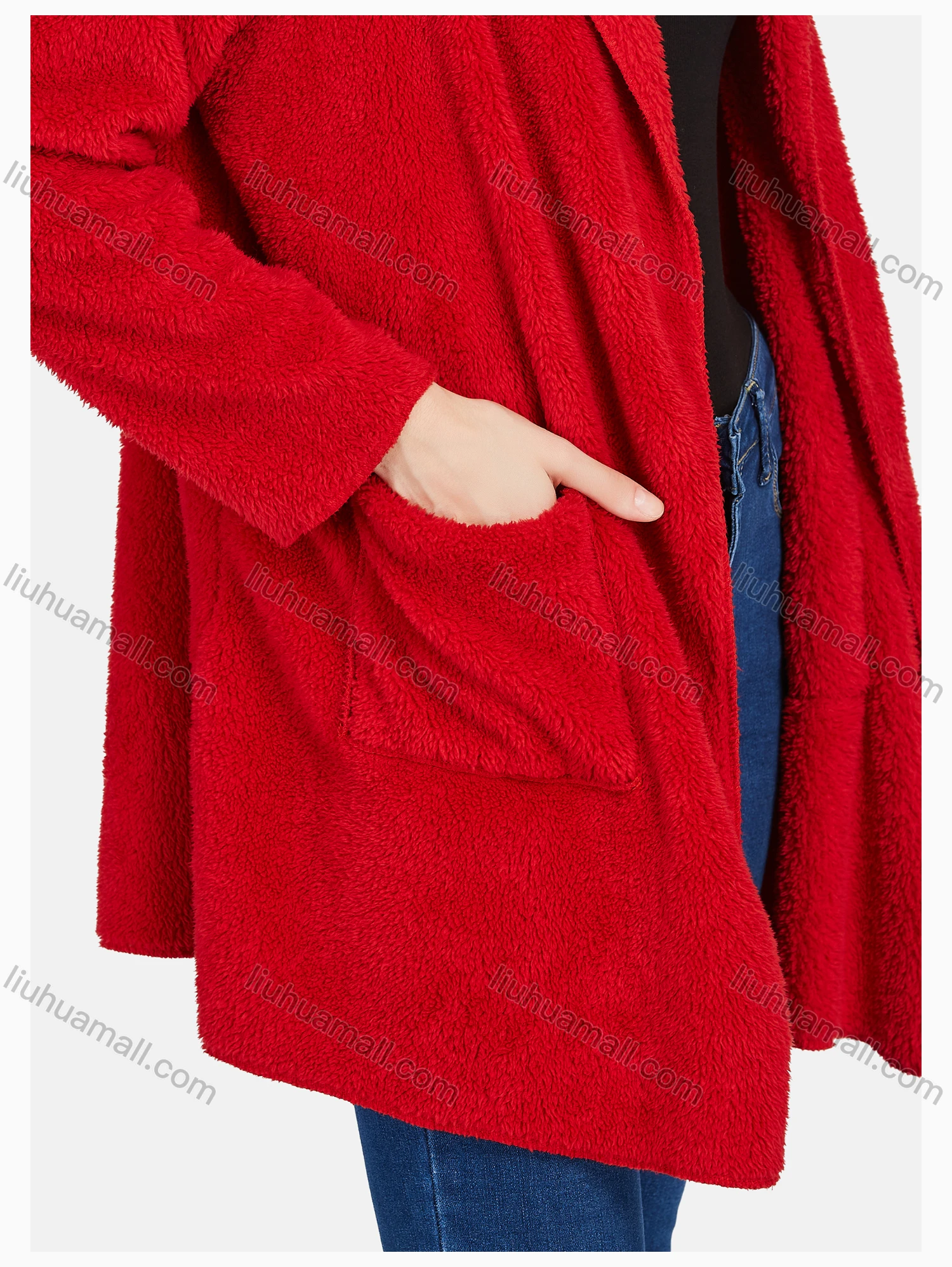 Wholesale Women's Casual Plain Zipper Warm Sherpa Hooded Long Cardigan - Liuhuamall
