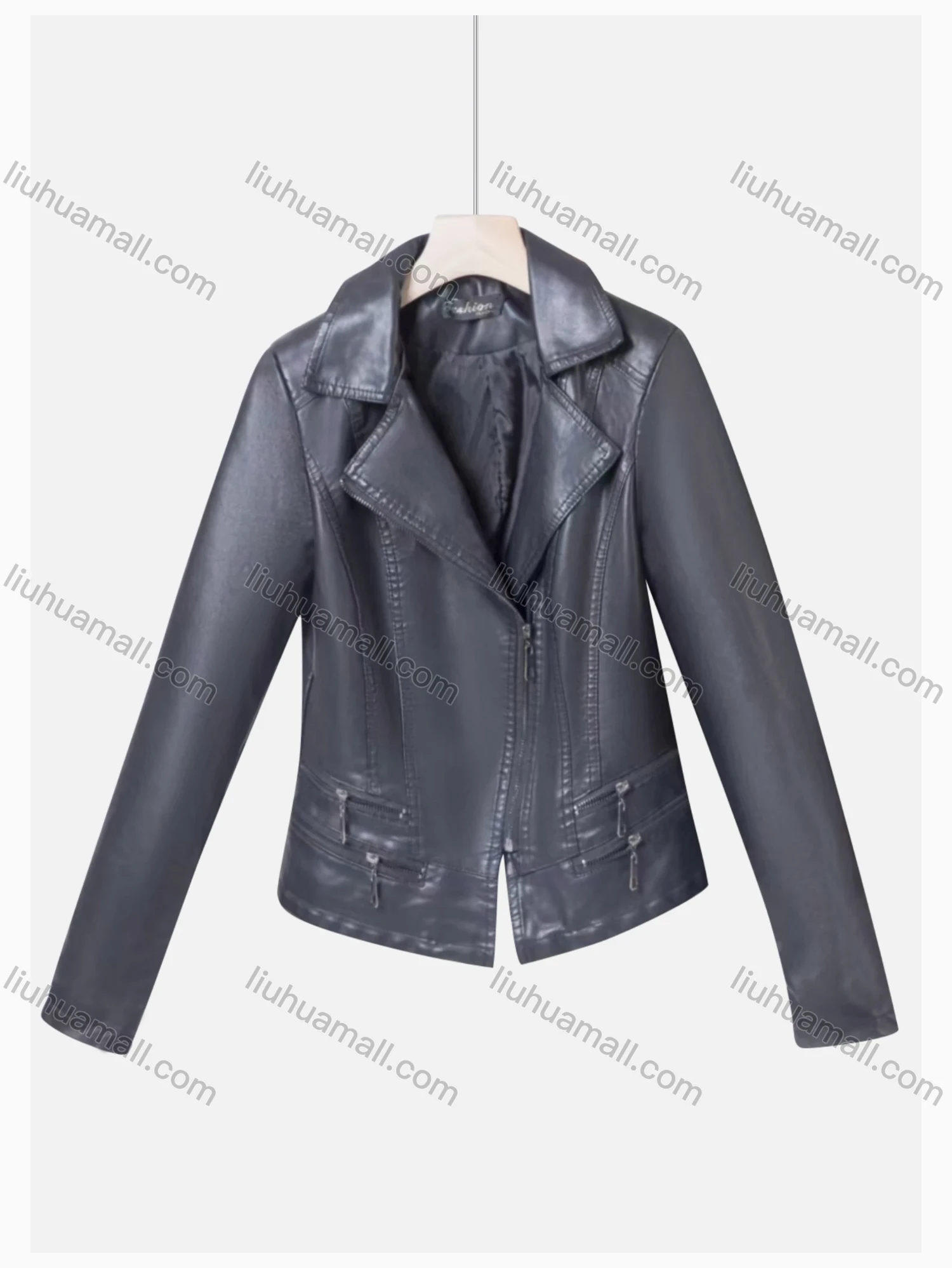 Wholesale Women's Casual Lapel Long Sleeve Zipper Plain Leather Crop Biker Jacket - Liuhuamall