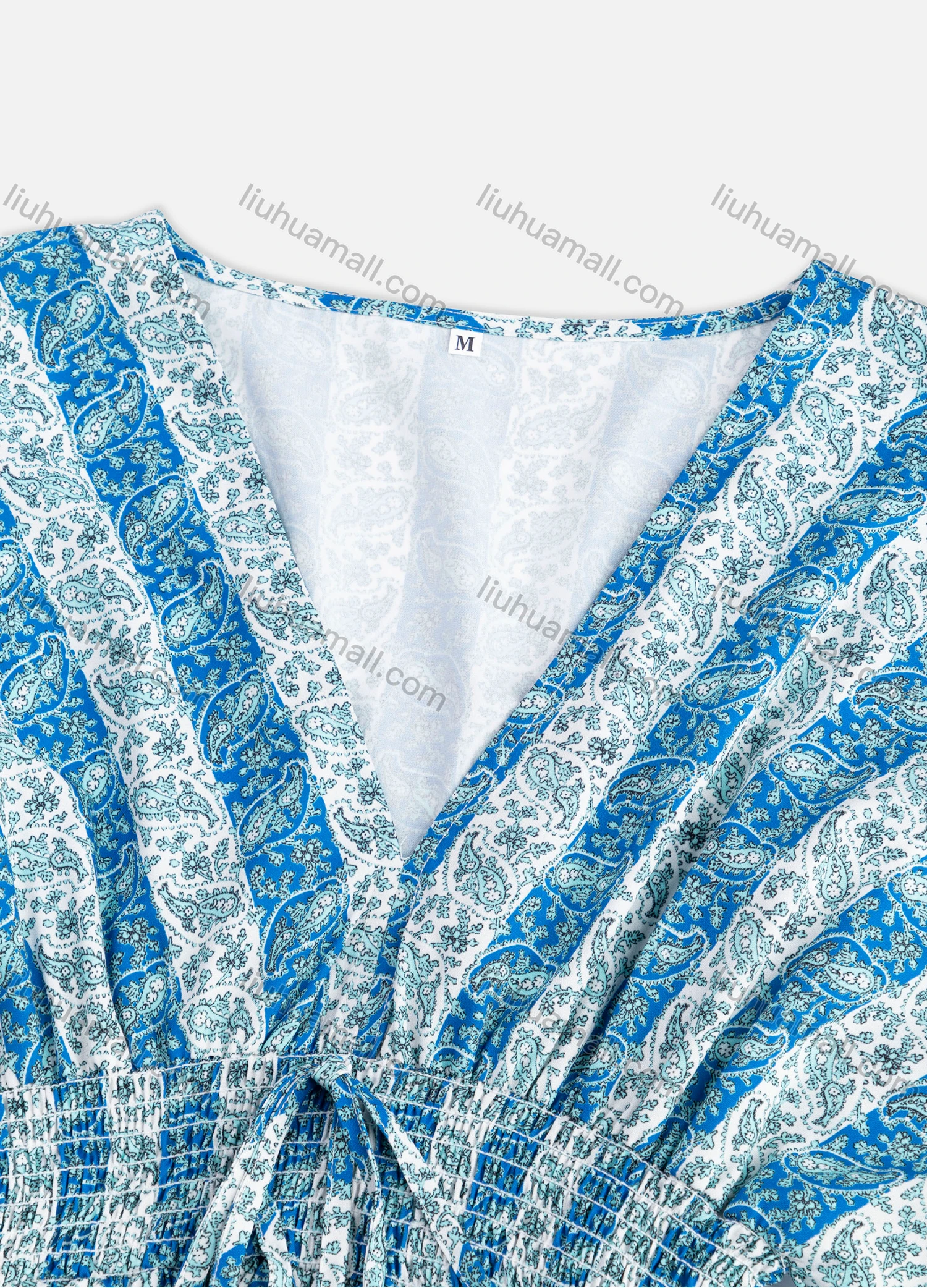 Wholesale Women's Casual Striped Paisley Print V Neck Shirred Tie Front Poet Sleeve Maxi Dress - Liuhuamall