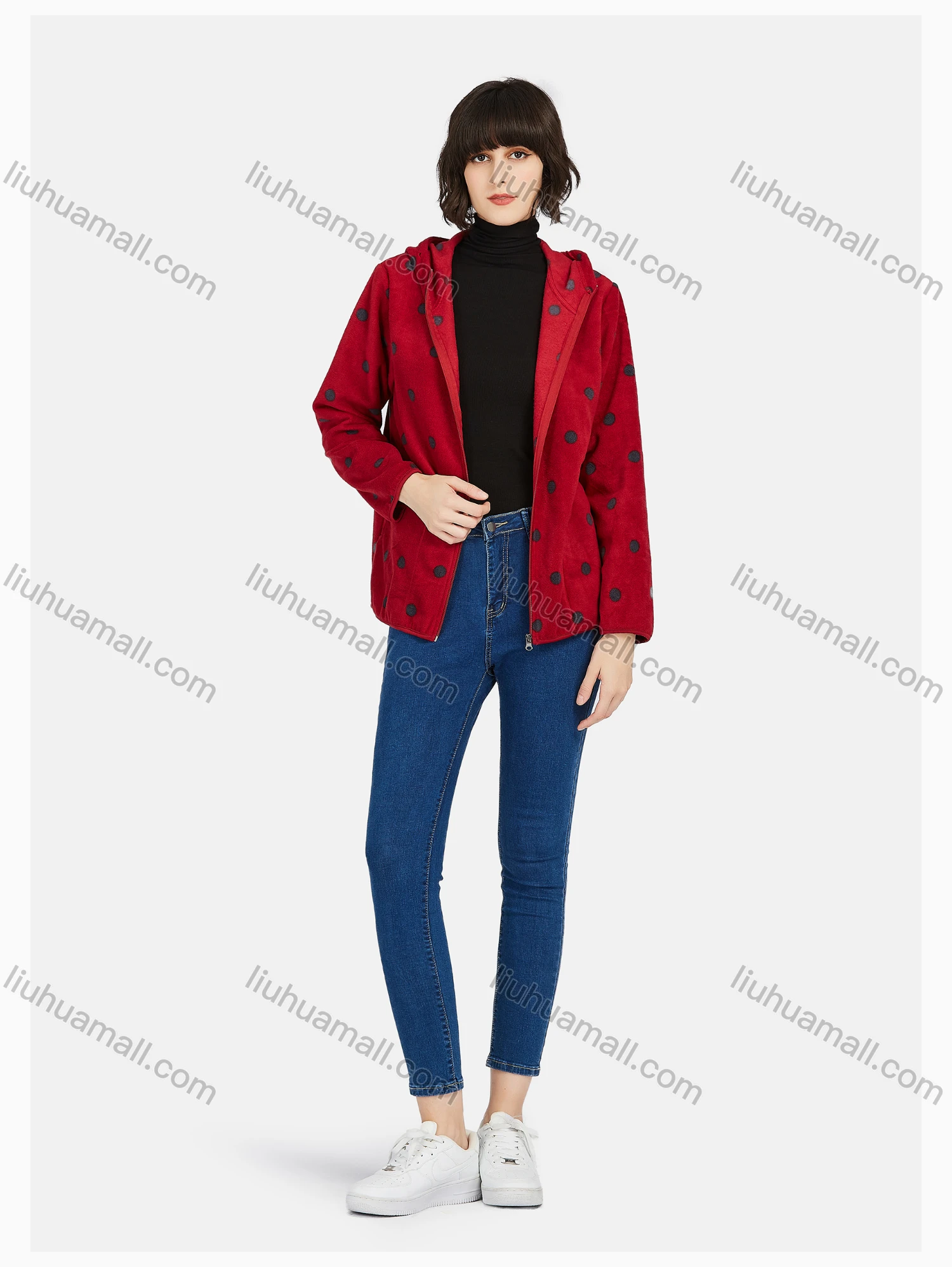 Wholesale Women's Casual Zipper Warm Polka Dots Print Hooded Jacket - Liuhuamall
