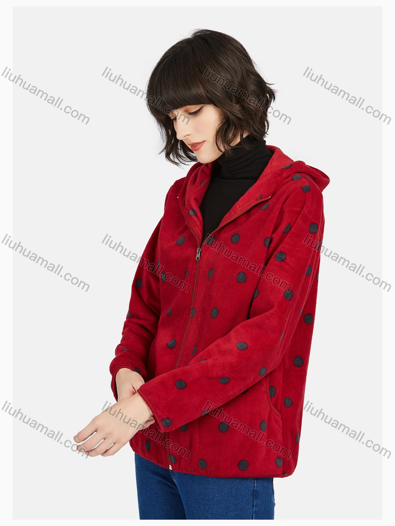 Wholesale Women's Casual Zipper Warm Polka Dots Print Hooded Jacket - Liuhuamall