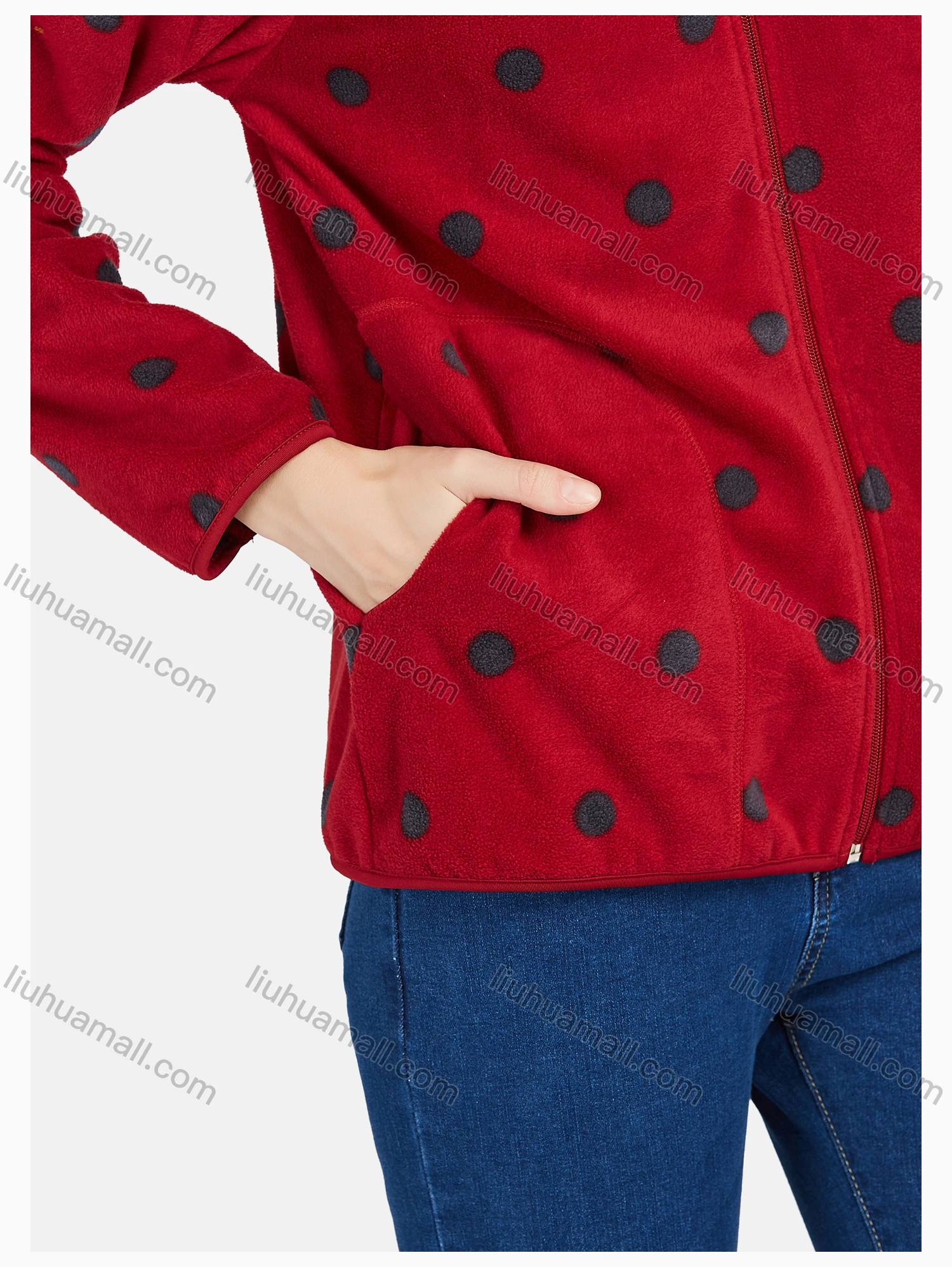 Wholesale Women's Casual Zipper Warm Polka Dots Print Hooded Jacket - Liuhuamall