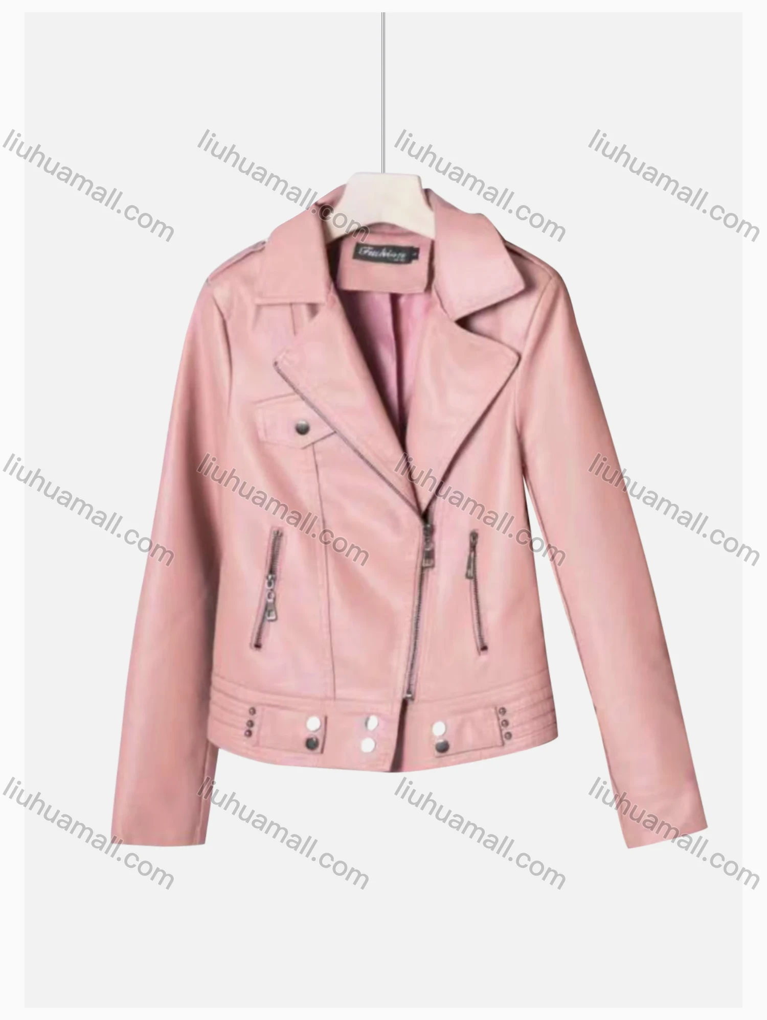 Wholesale Women's Casual Lapel Long Sleeve Zipper Plain Leather Crop Biker Jacket - Liuhuamall