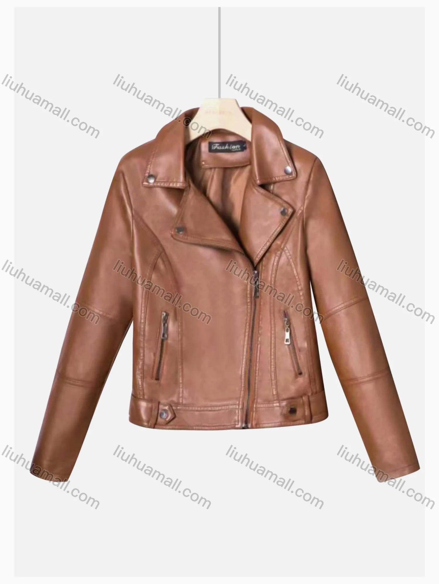 Wholesale Women's Casual Lapel Long Sleeve Zipper Plain Leather Crop Biker Jacket - Liuhuamall