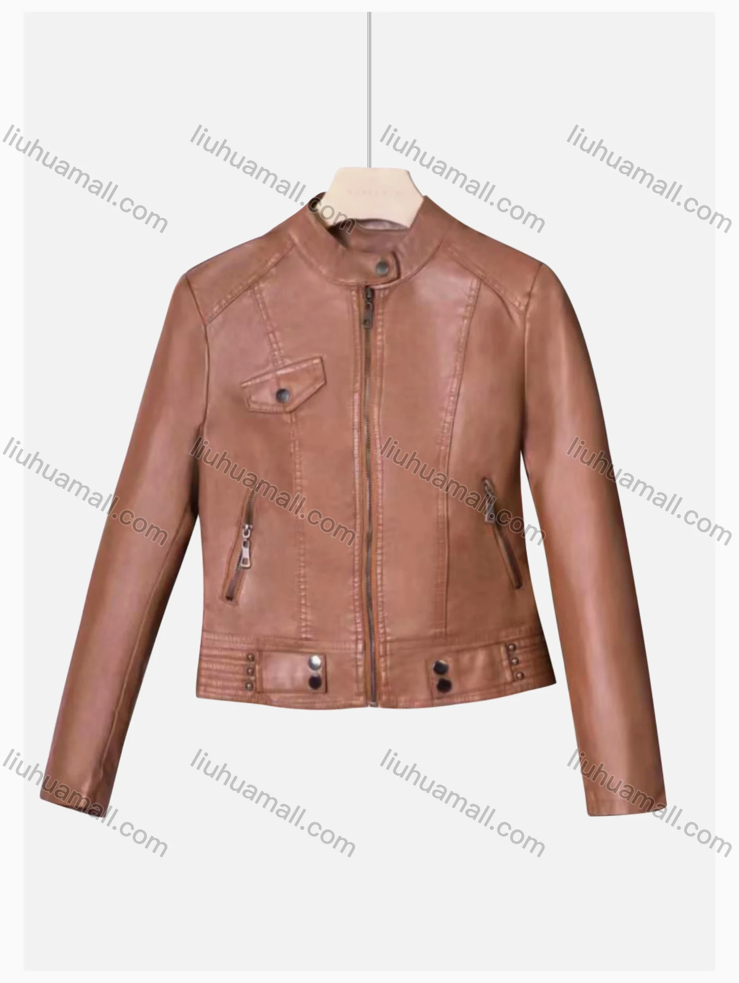 Wholesale Women's Casual Stand Collar Long Sleeve Zipper Plain Leather Crop Biker Jacket - Liuhuamall