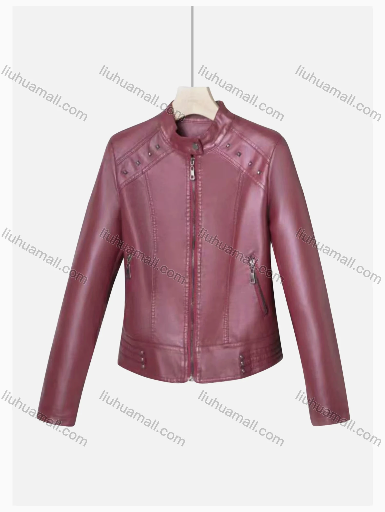 Wholesale Women's Casual Stand Collar Long Sleeve Zipper Plain Leather Crop Biker Jacket - Liuhuamall
