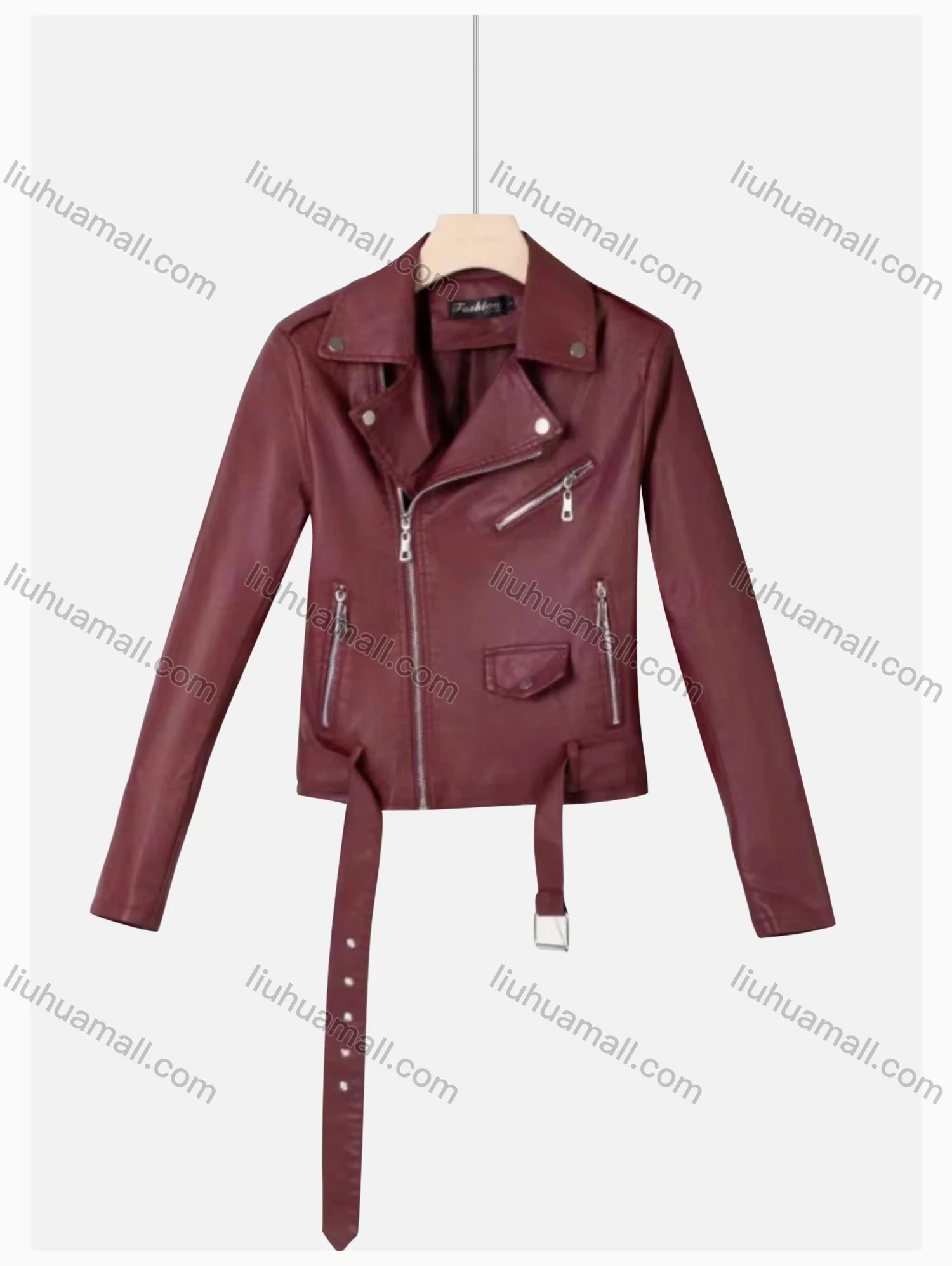 Wholesale Women's Casual Lapel Long Sleeve Zipper Plain Leather Crop Biker Jacket With Belt - Liuhuamall