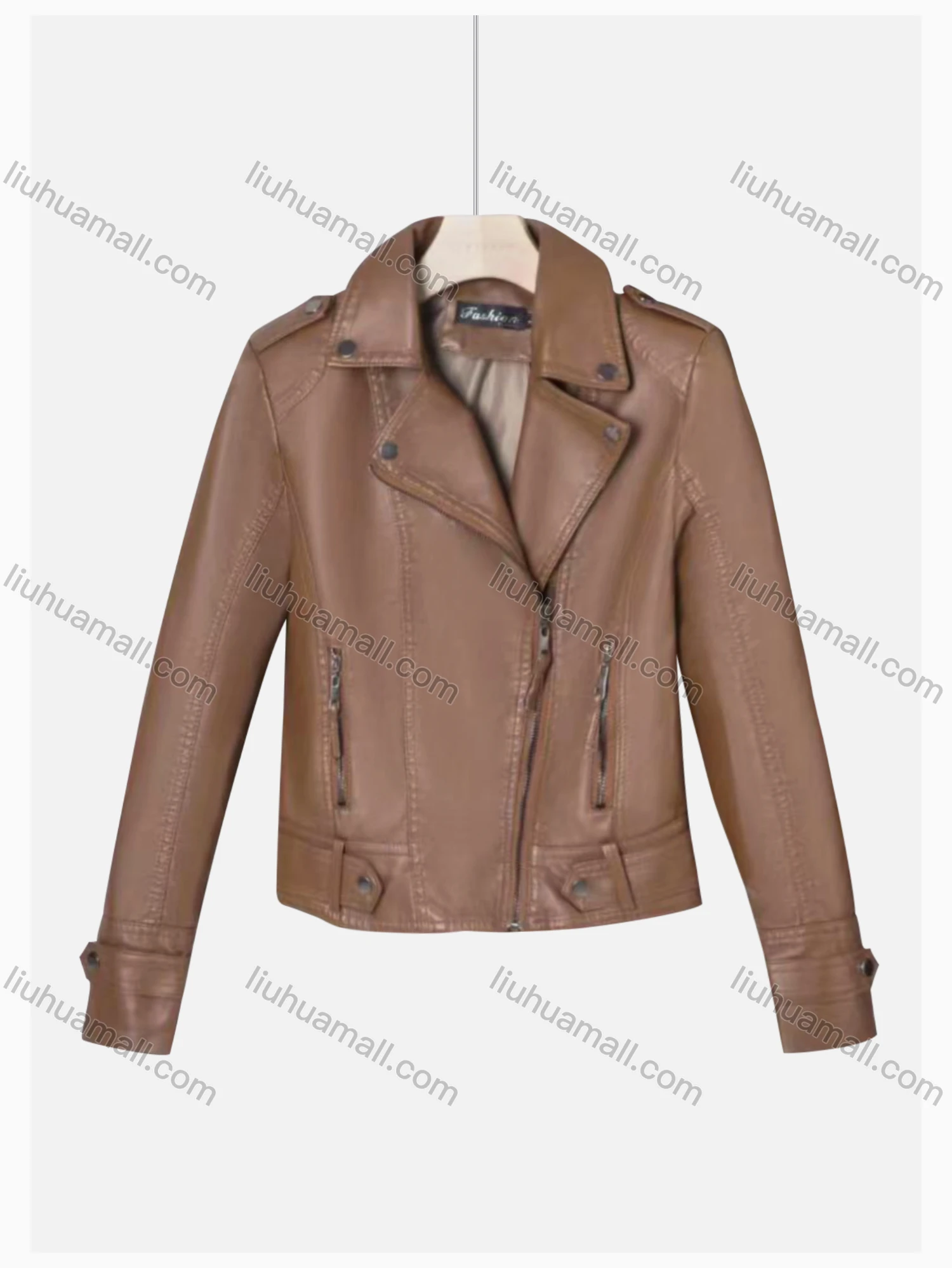 Wholesale Women's Casual Lapel Long Sleeve Zipper Plain Crop Leather Jacket - Liuhuamall