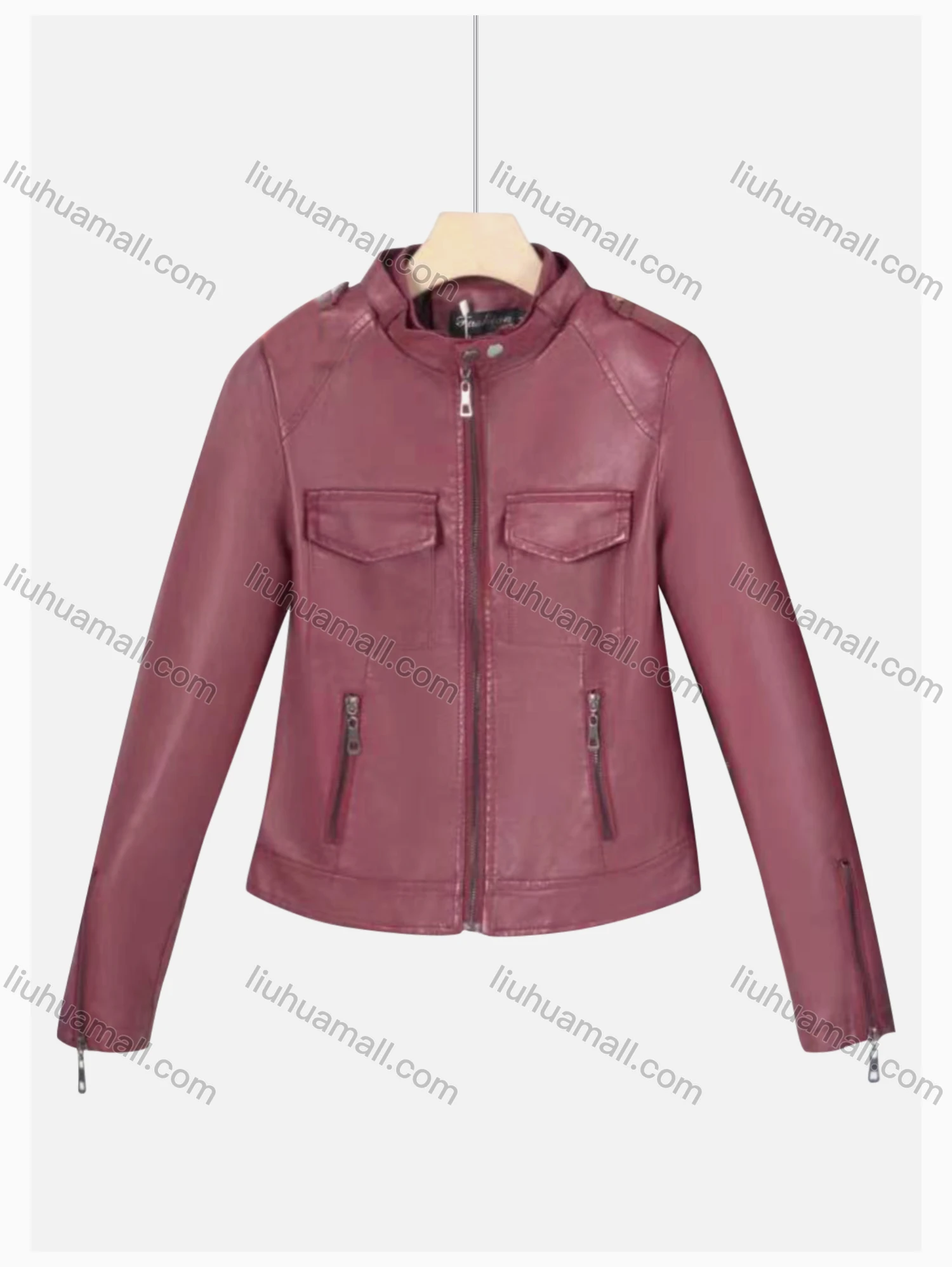 Wholesale Women's Casual Stand Collar Long Sleeve Zipper Plain Leather Jacket - Liuhuamall