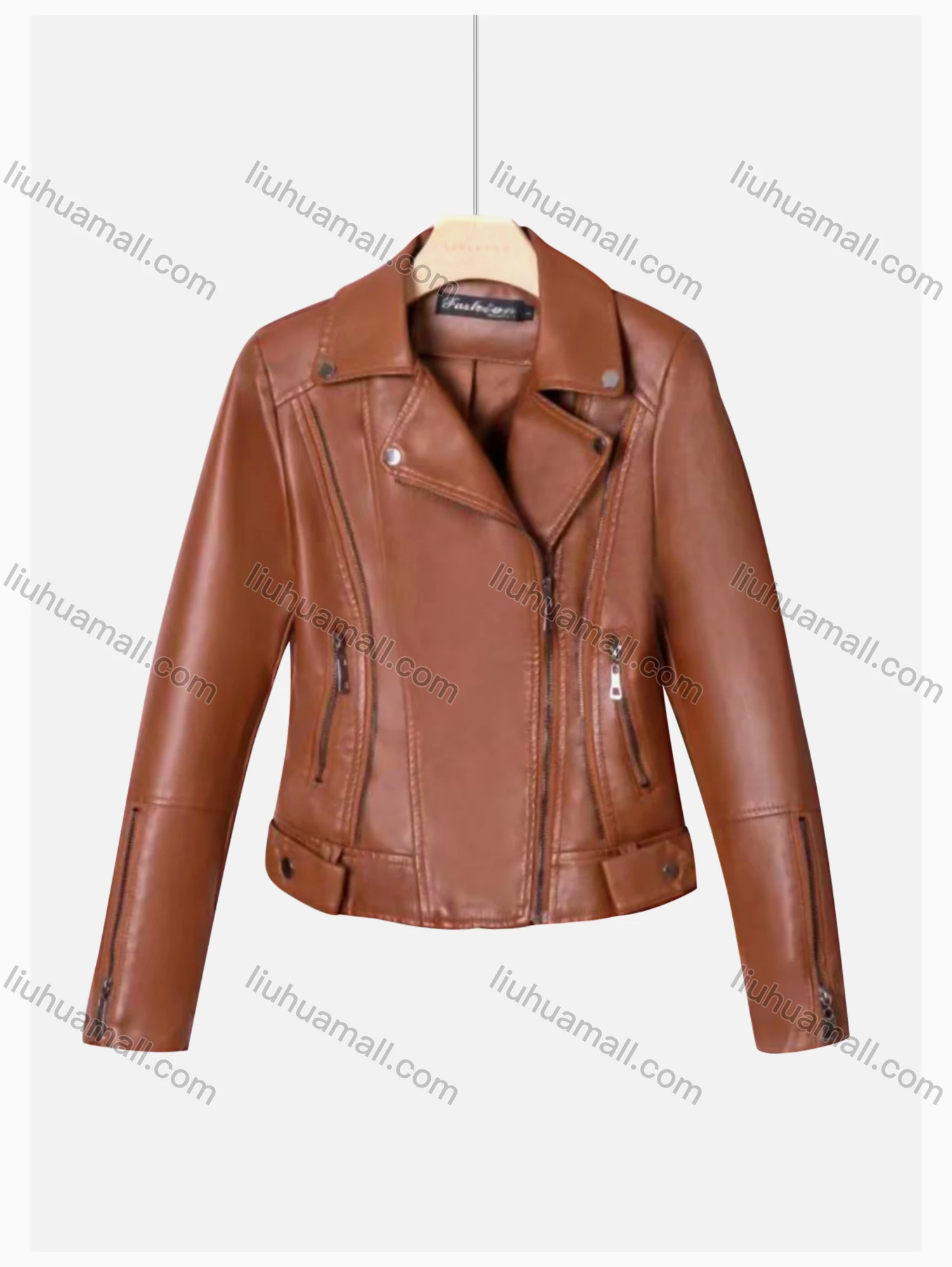 Wholesale Women's Casual Lapel Long Sleeve Zipper Plain Crop Leather Jacket - Liuhuamall