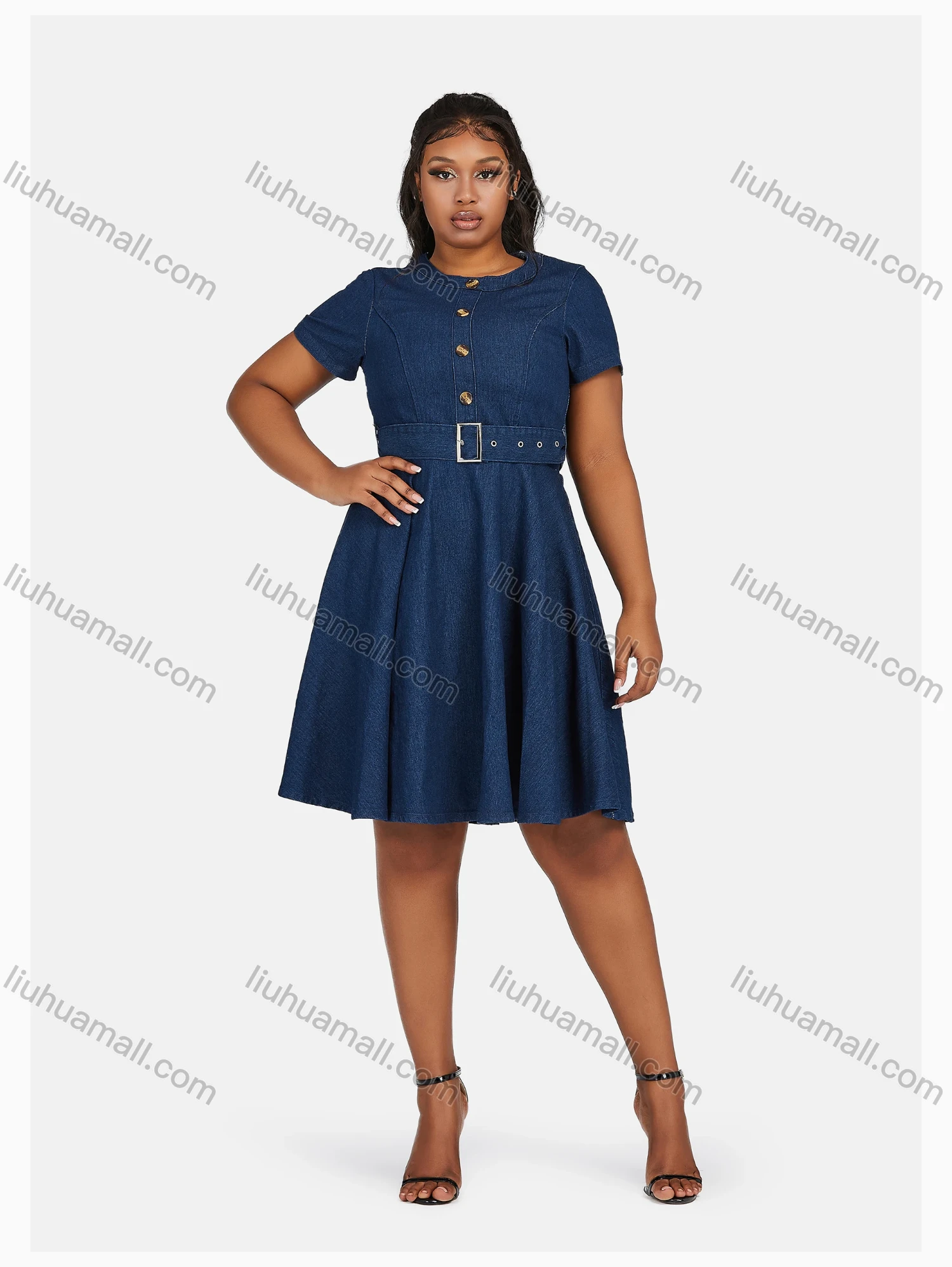 Wholesale Women's Casual Crew Neck Button Decor Denim Dress With Belt 5810# - Liuhuamall