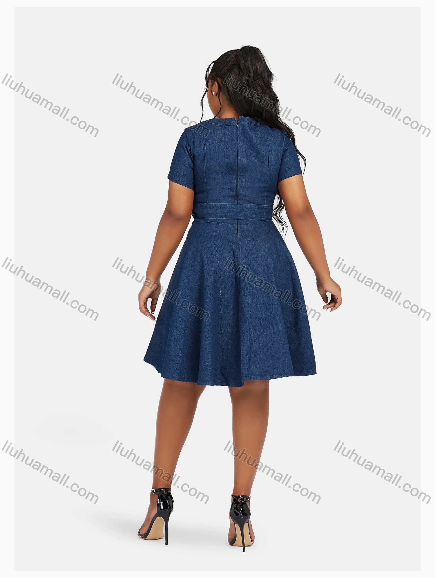Wholesale Women's Casual Crew Neck Button Decor Denim Dress With Belt 5810# - Liuhuamall