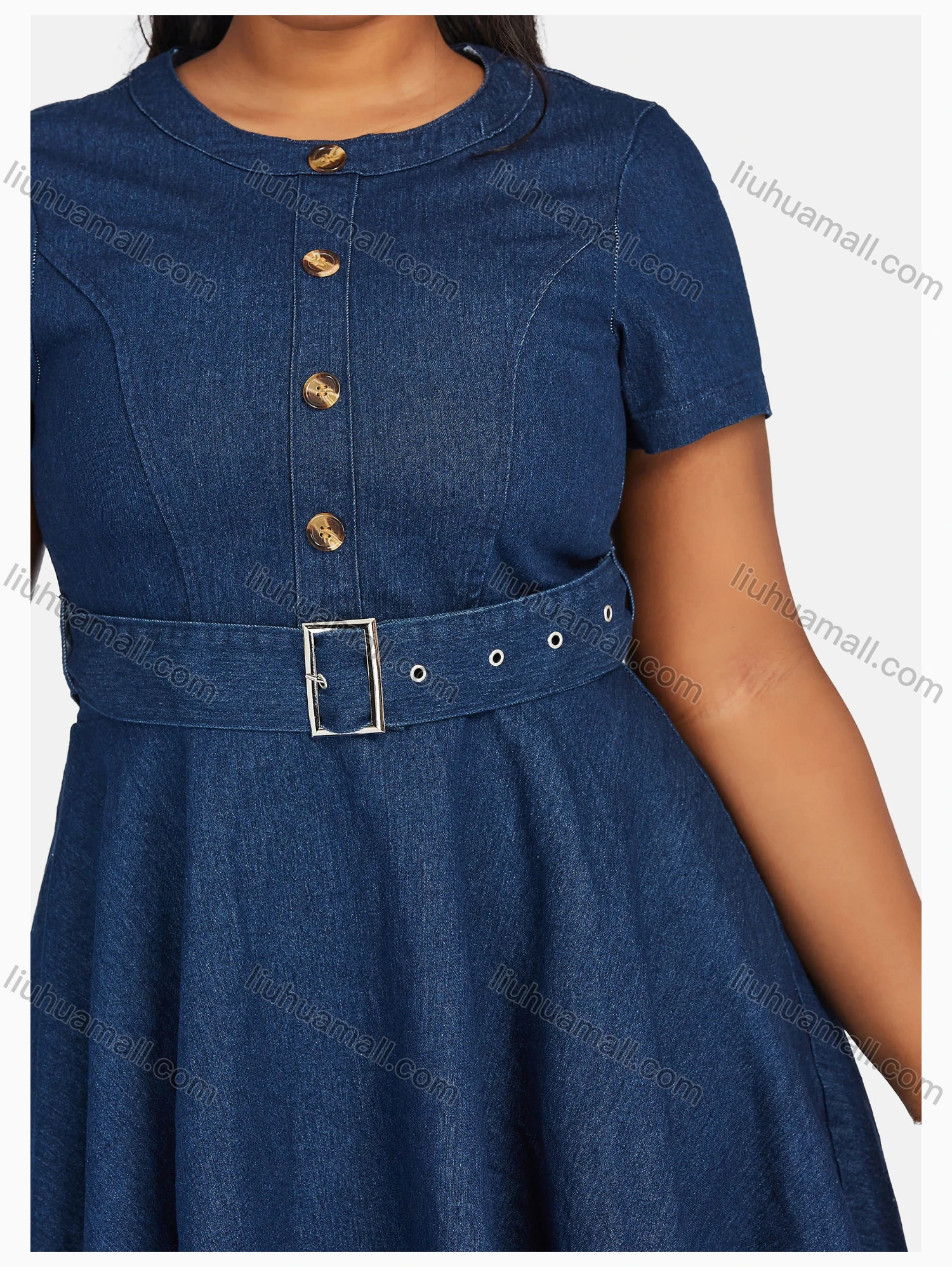 Wholesale Women's Casual Crew Neck Button Decor Denim Dress With Belt 5810# - Liuhuamall