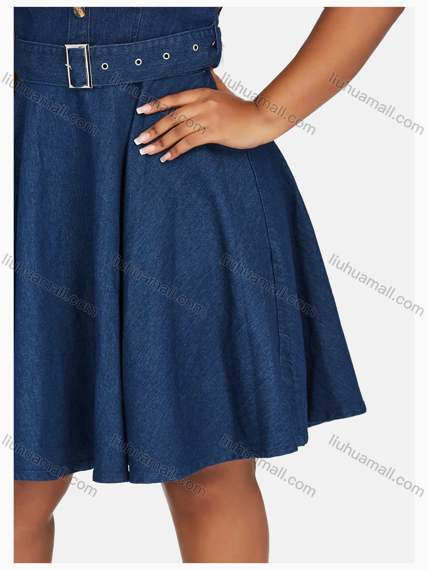 Wholesale Women's Casual Crew Neck Button Decor Denim Dress With Belt 5810# - Liuhuamall