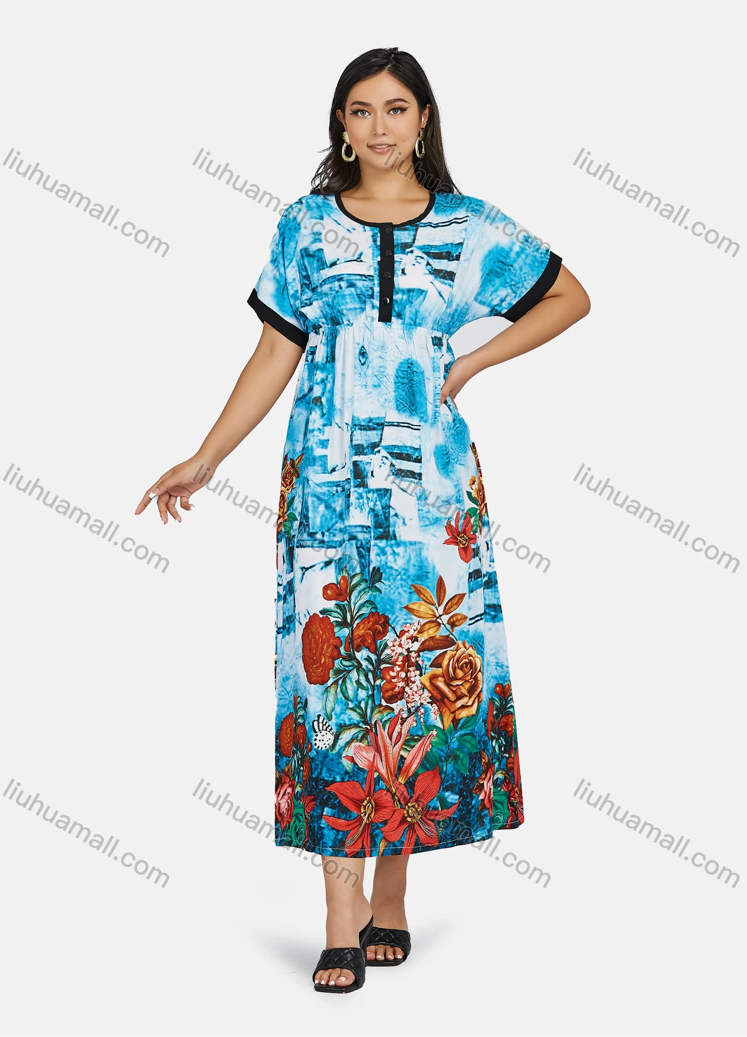 Wholesale Women's Plus Size Crew Neck Short Sleeve Floral Print Casual Maxi Dress - Liuhuamall