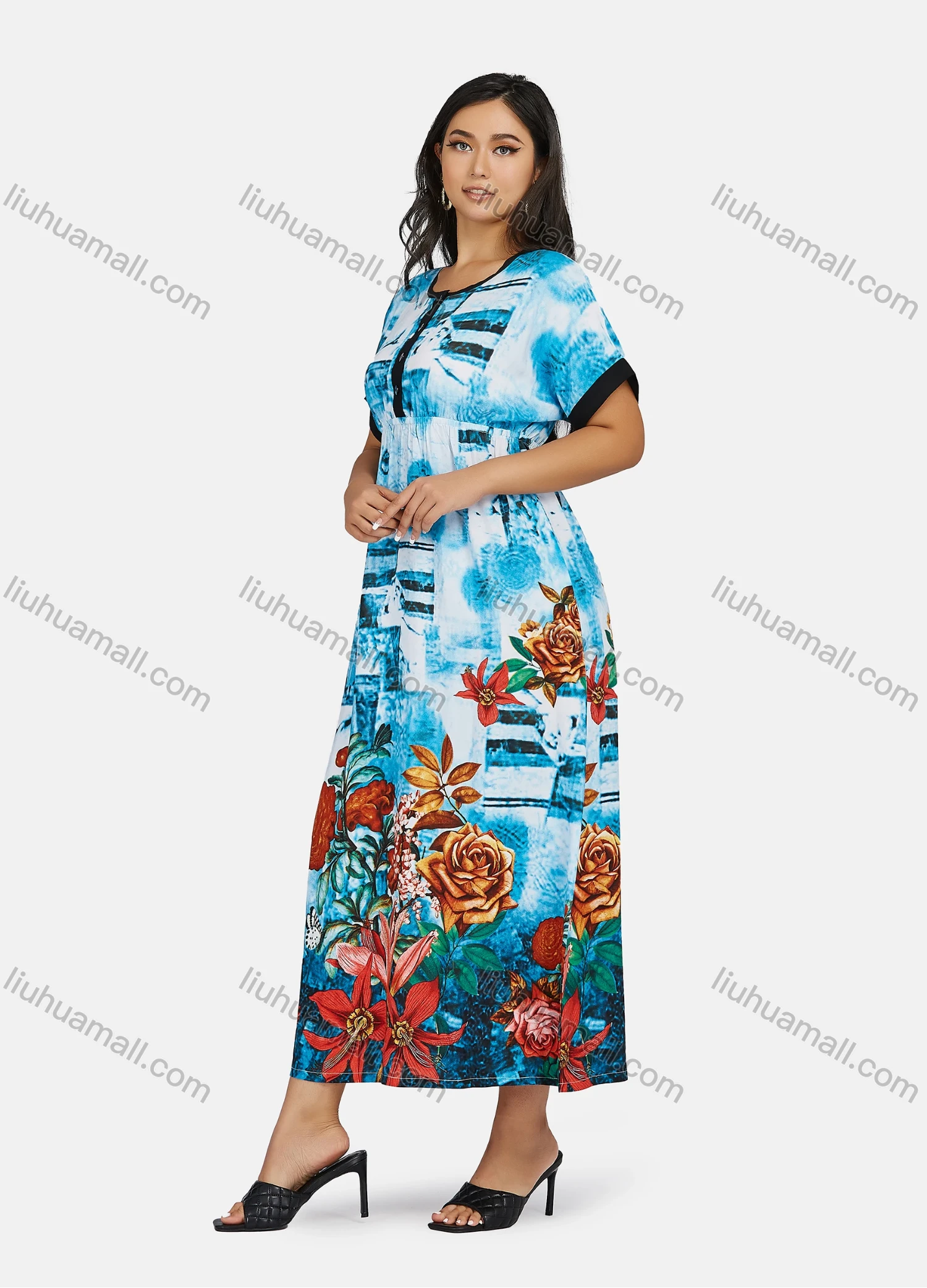 Wholesale Women's Plus Size Crew Neck Short Sleeve Floral Print Casual Maxi Dress - Liuhuamall