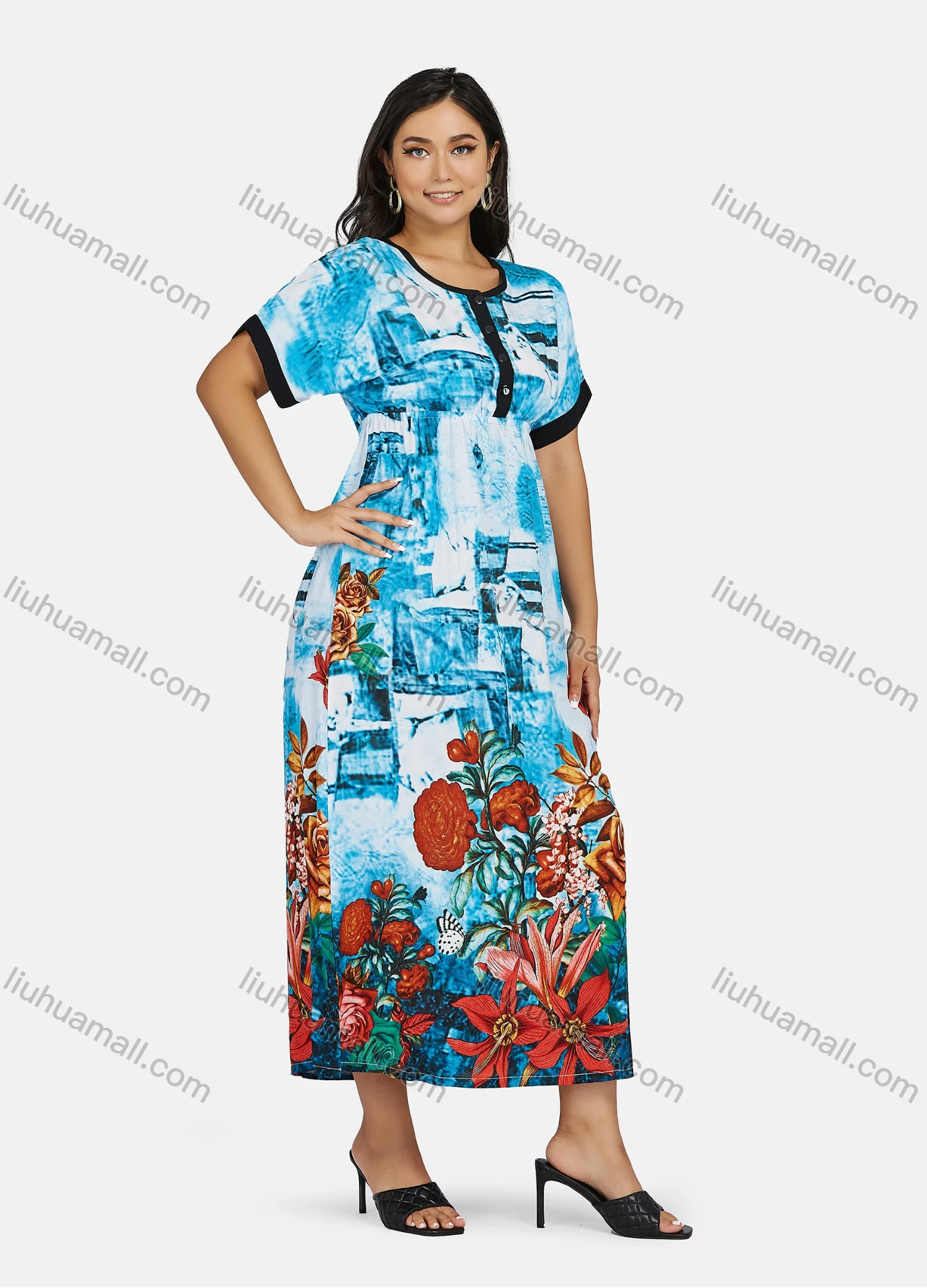 Wholesale Women's Plus Size Crew Neck Short Sleeve Floral Print Casual Maxi Dress - Liuhuamall