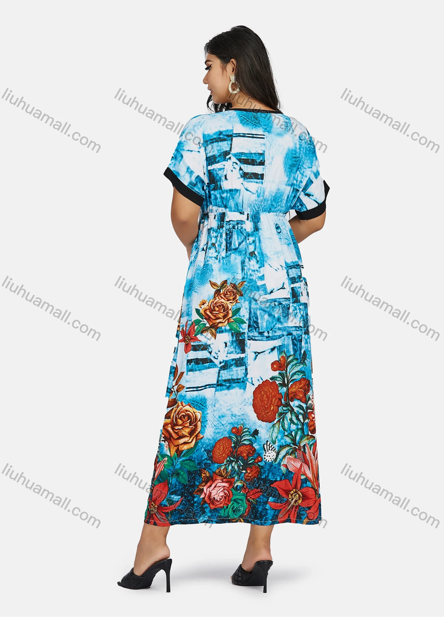 Wholesale Women's Plus Size Crew Neck Short Sleeve Floral Print Casual Maxi Dress - Liuhuamall