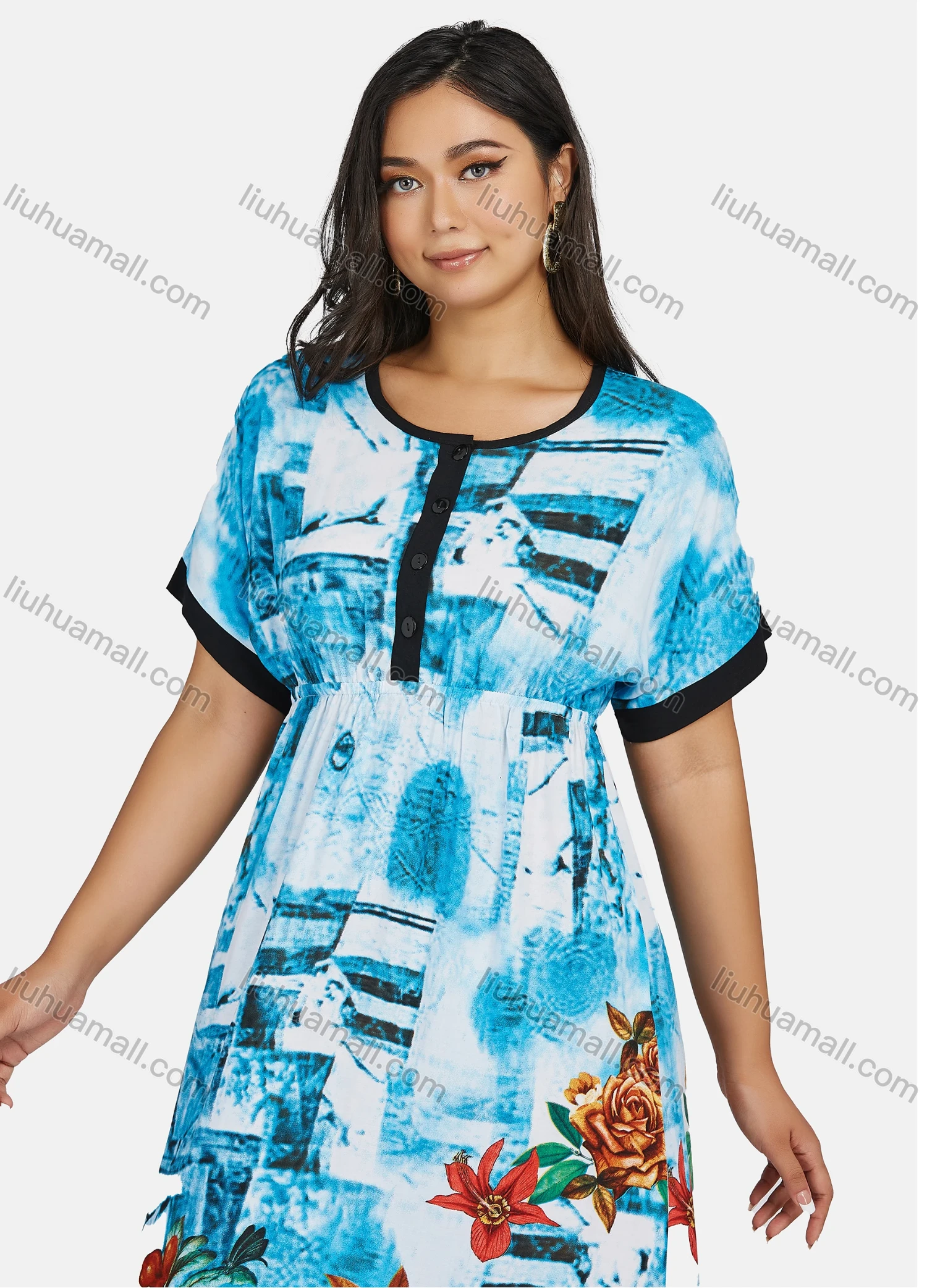 Wholesale Women's Plus Size Crew Neck Short Sleeve Floral Print Casual Maxi Dress - Liuhuamall