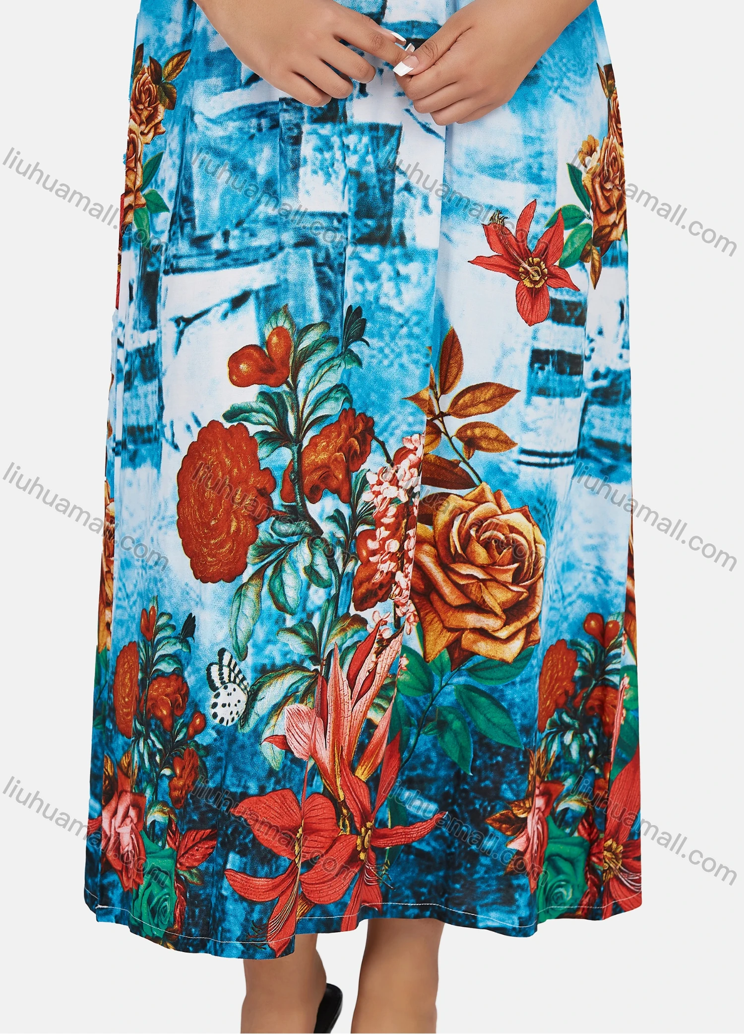 Wholesale Women's Plus Size Crew Neck Short Sleeve Floral Print Casual Maxi Dress - Liuhuamall
