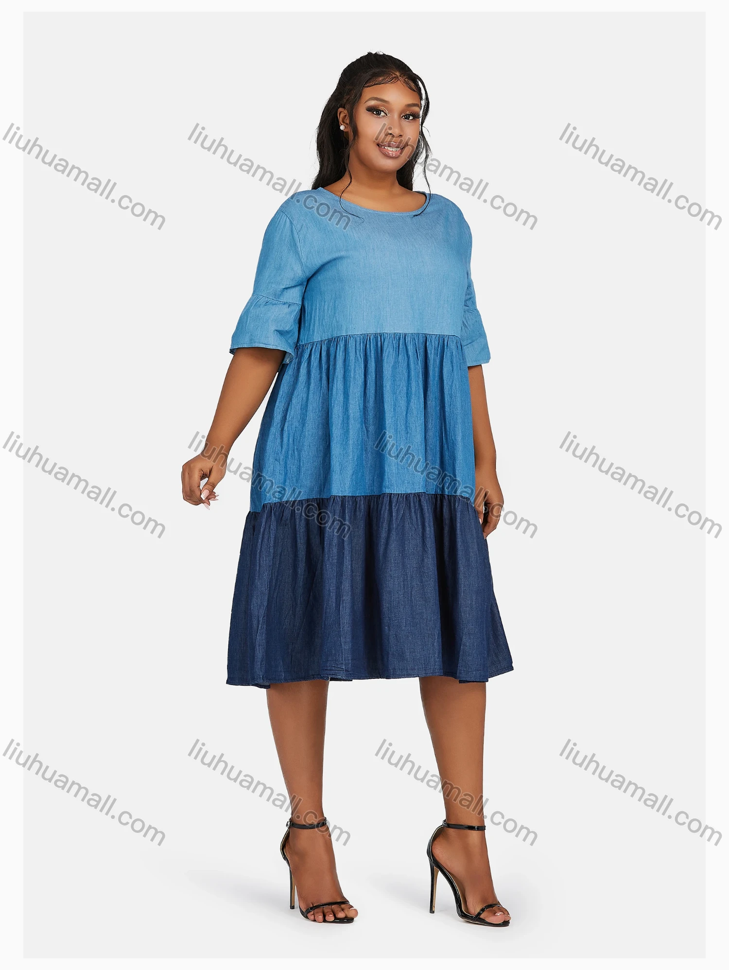 Wholesale Women's Casual Crew Neck Colorblock Tiered Denim Dress 07935# - Liuhuamall