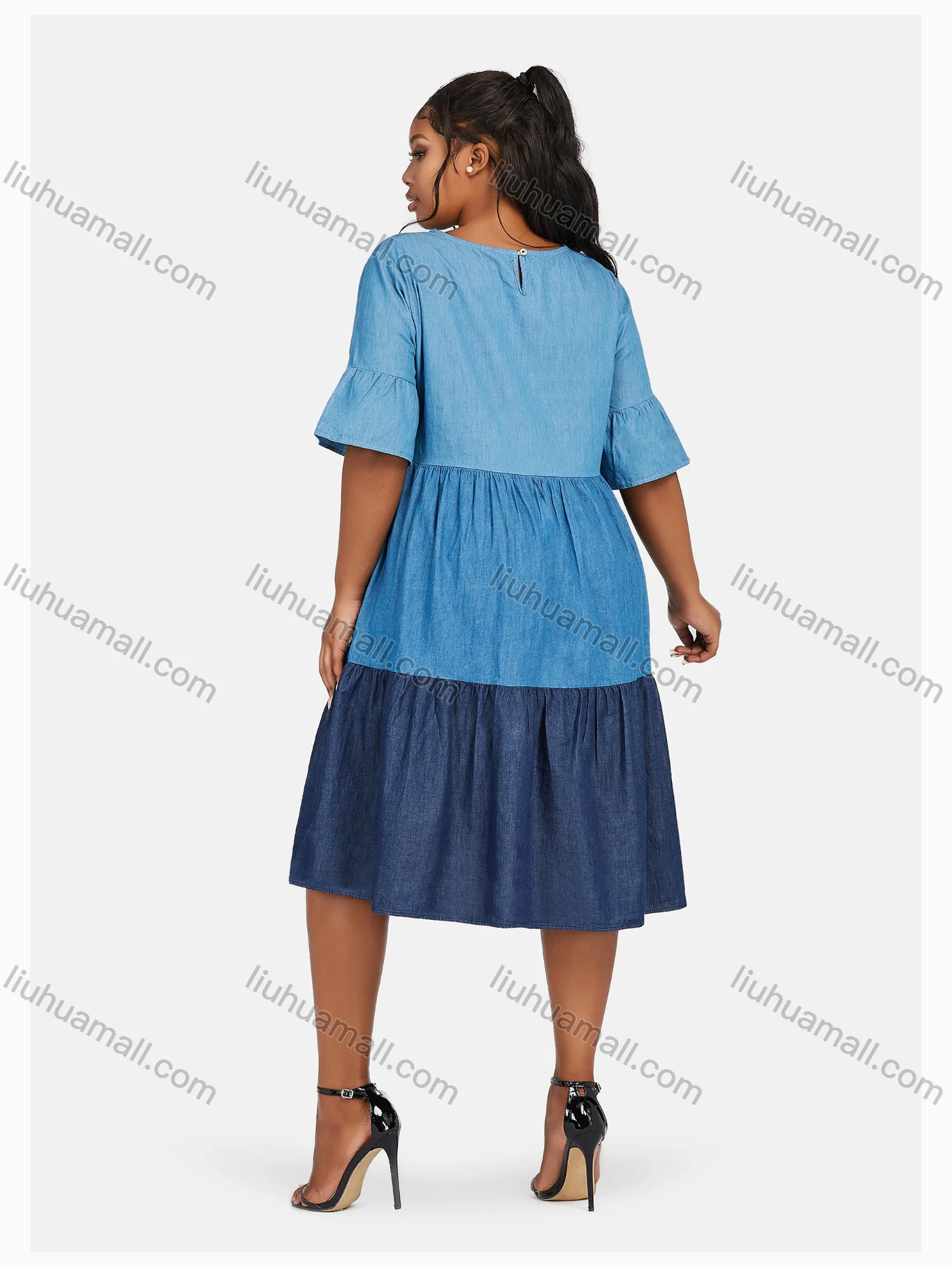 Wholesale Women's Casual Crew Neck Colorblock Tiered Denim Dress 07935# - Liuhuamall