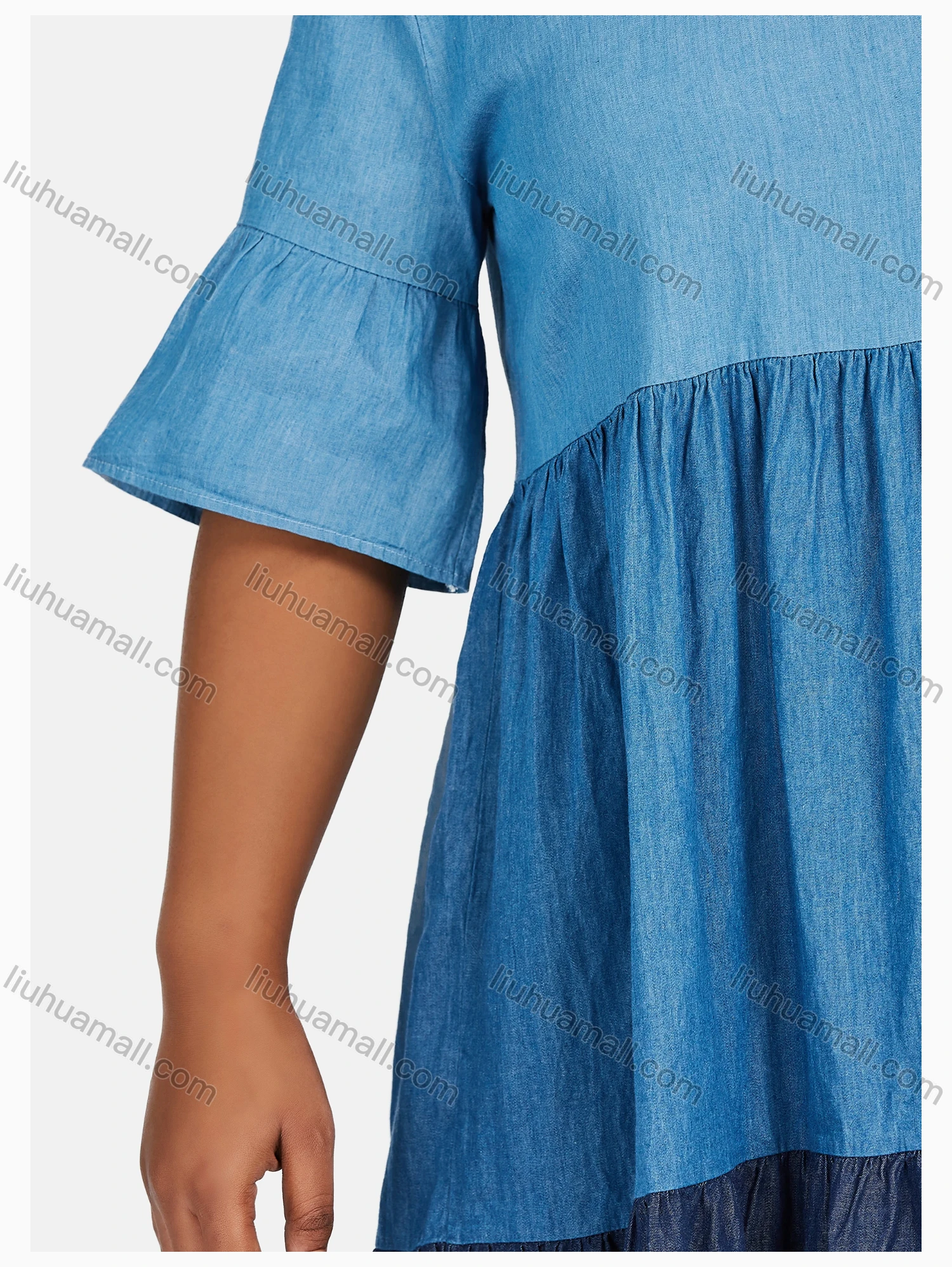 Wholesale Women's Casual Crew Neck Colorblock Tiered Denim Dress 07935# - Liuhuamall