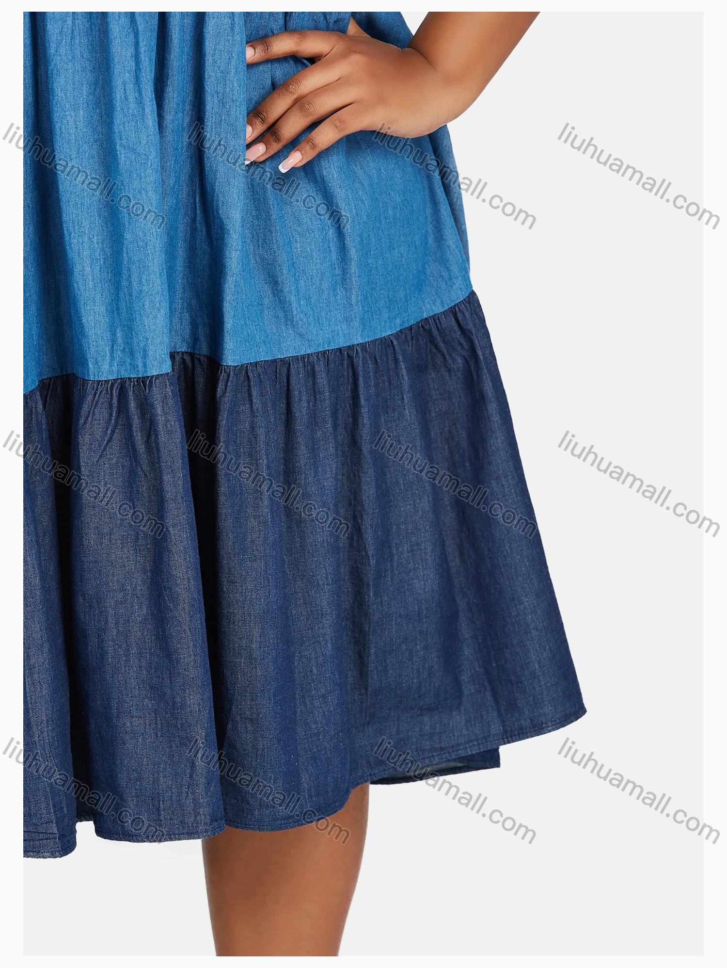 Wholesale Women's Casual Crew Neck Colorblock Tiered Denim Dress 07935# - Liuhuamall