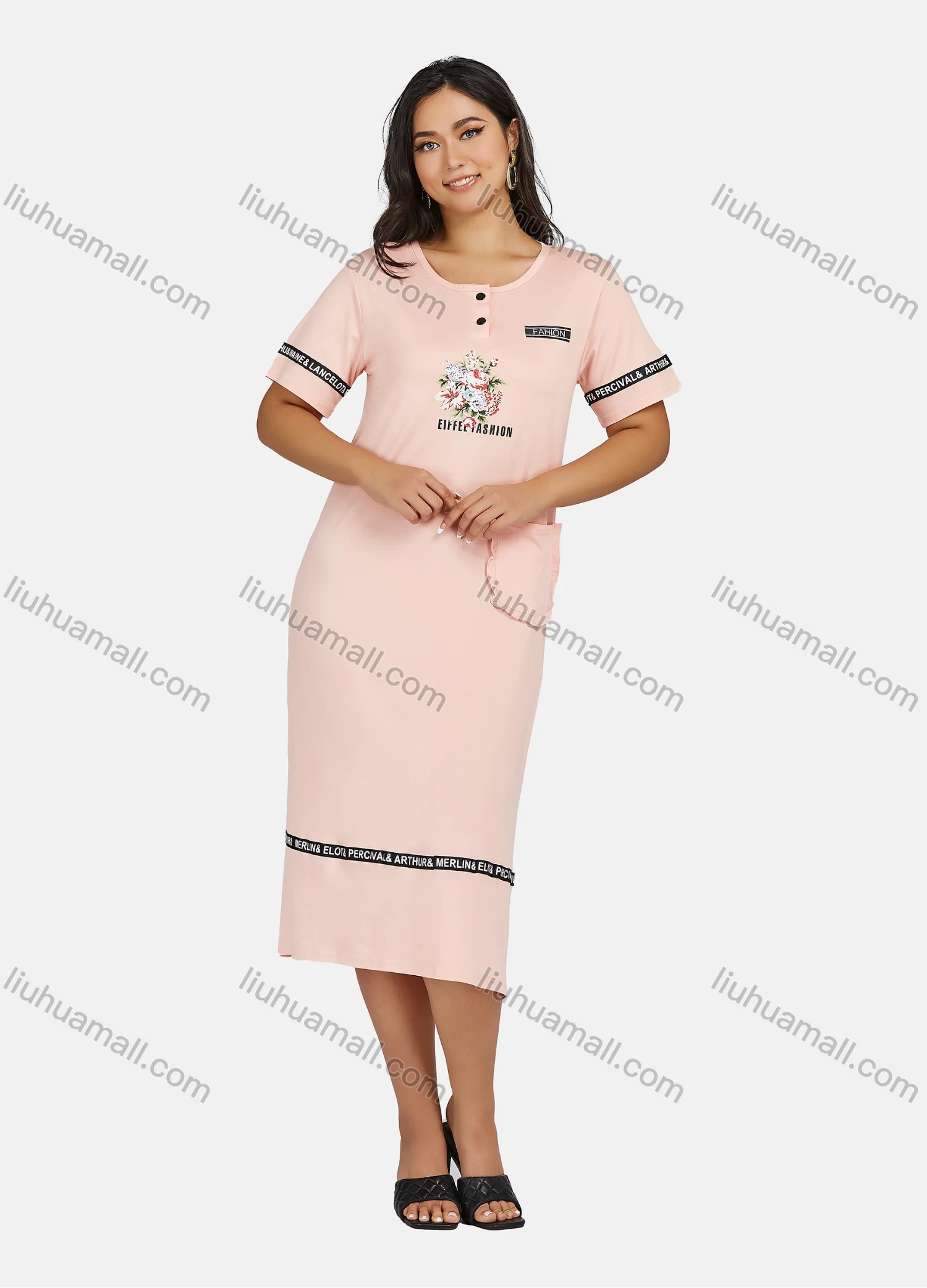 Wholesale Women's Plus Size Milk Silk Casual Crew Neck Short Sleeve Letter Floral Print Midi Dress - Liuhuamall