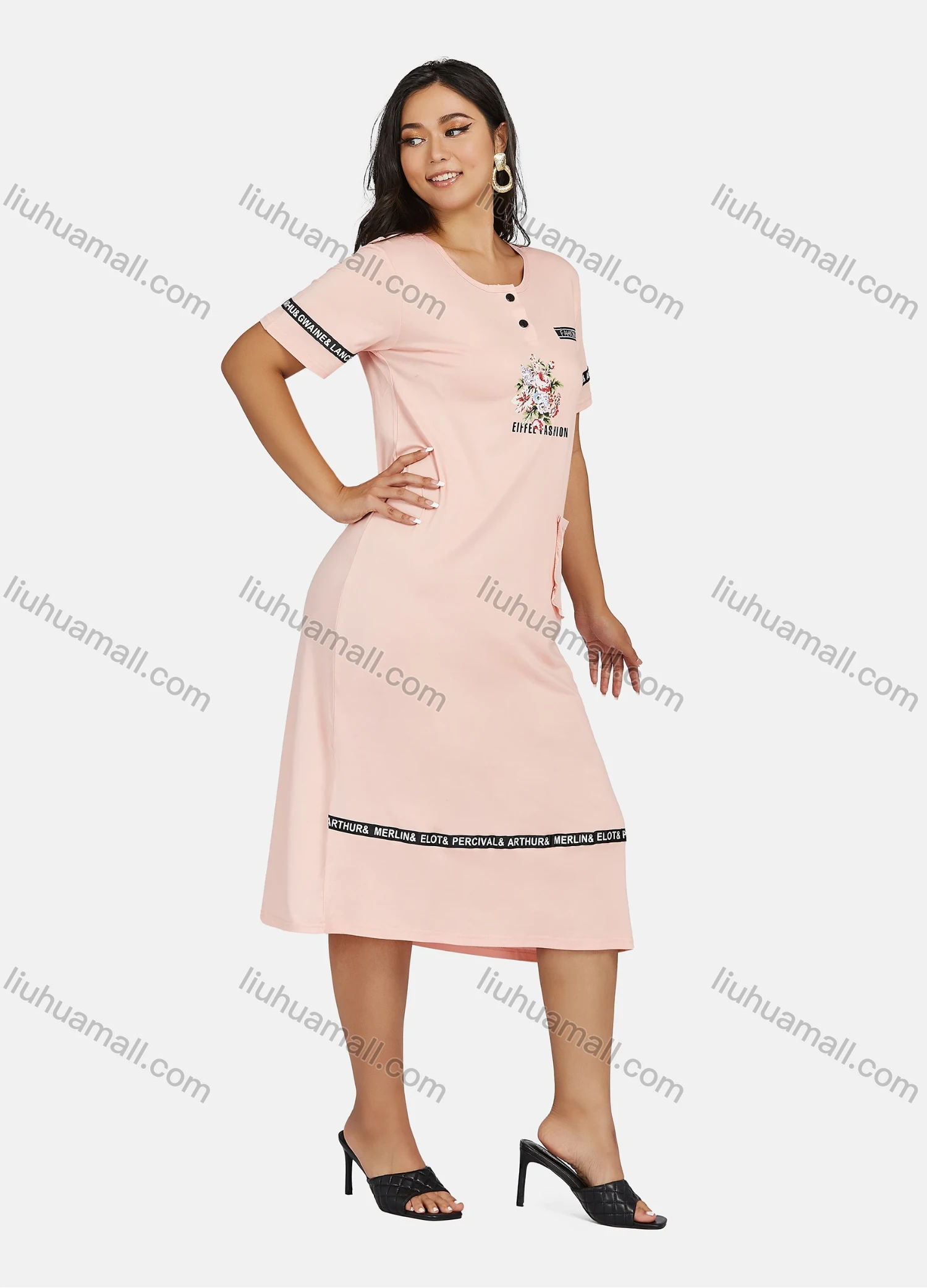 Wholesale Women's Plus Size Milk Silk Casual Crew Neck Short Sleeve Letter Floral Print Midi Dress - Liuhuamall