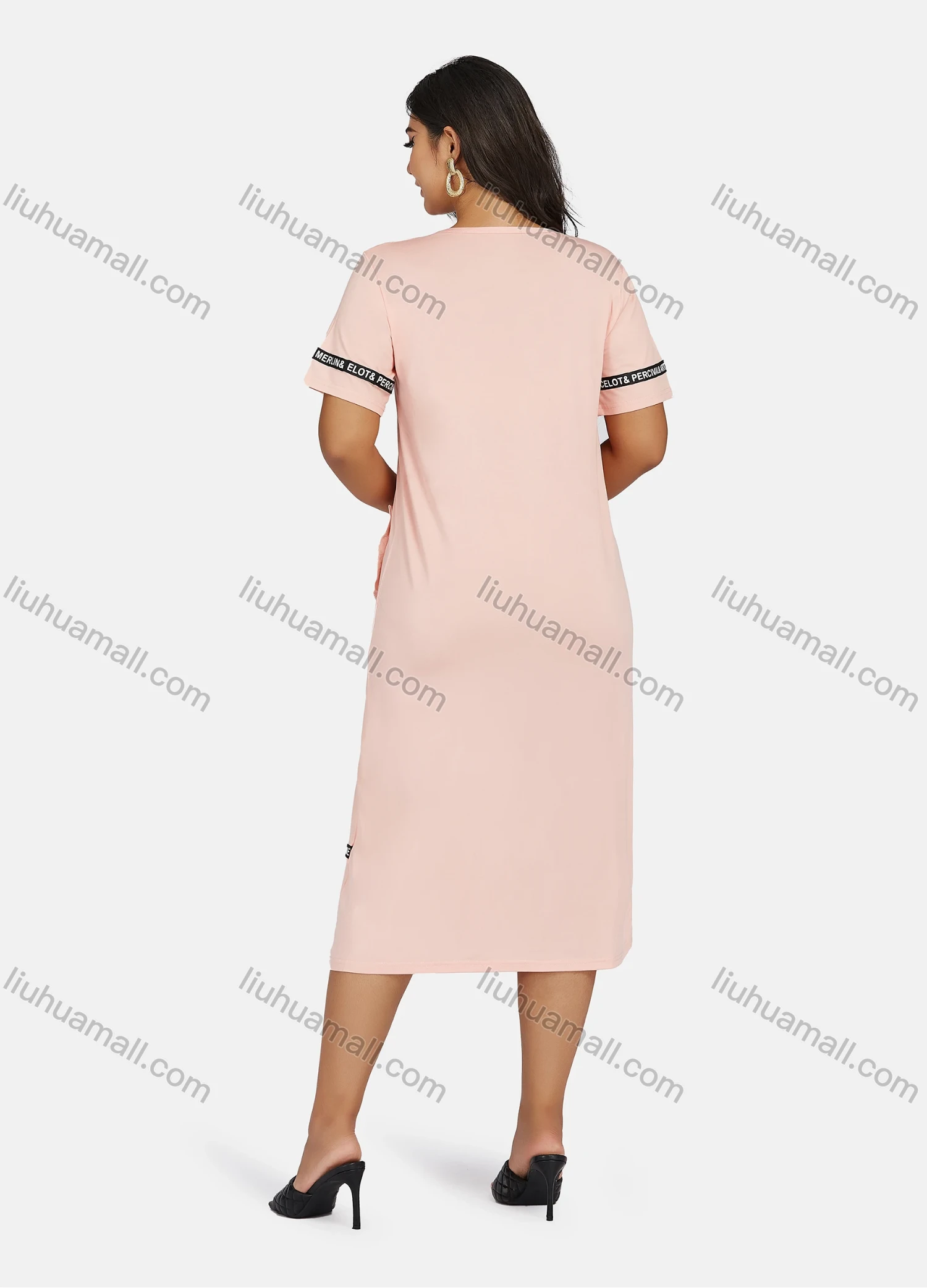Wholesale Women's Plus Size Milk Silk Casual Crew Neck Short Sleeve Letter Floral Print Midi Dress - Liuhuamall