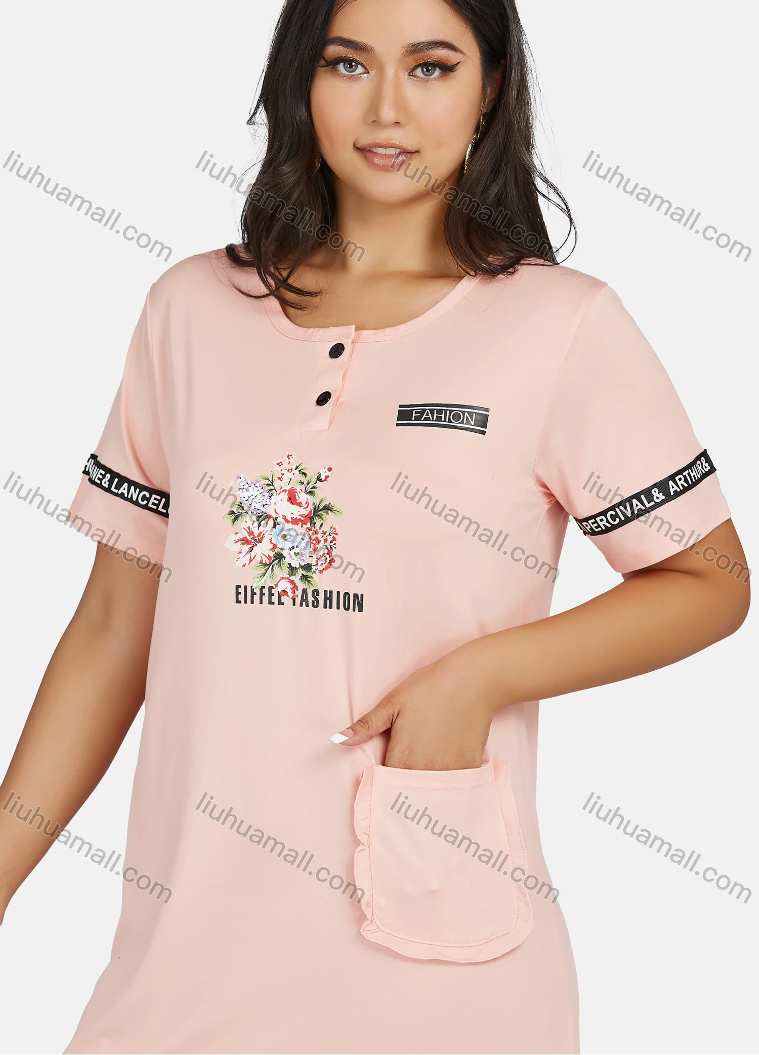 Wholesale Women's Plus Size Milk Silk Casual Crew Neck Short Sleeve Letter Floral Print Midi Dress - Liuhuamall