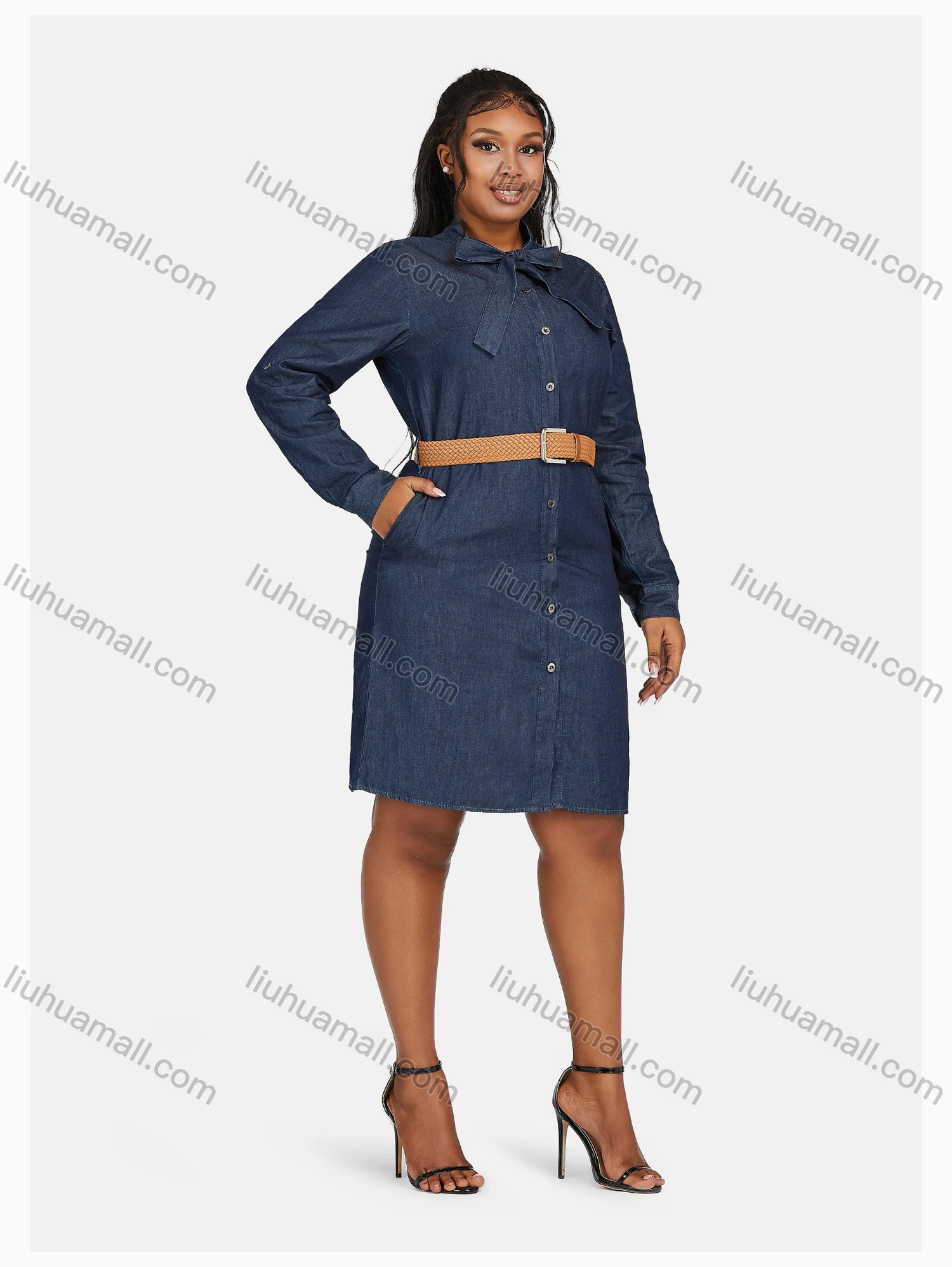 Wholesale Women's Casual Tie Neck Long Sleeve Button Down Denim Shirt Dress With Belt 190# - Liuhuamall