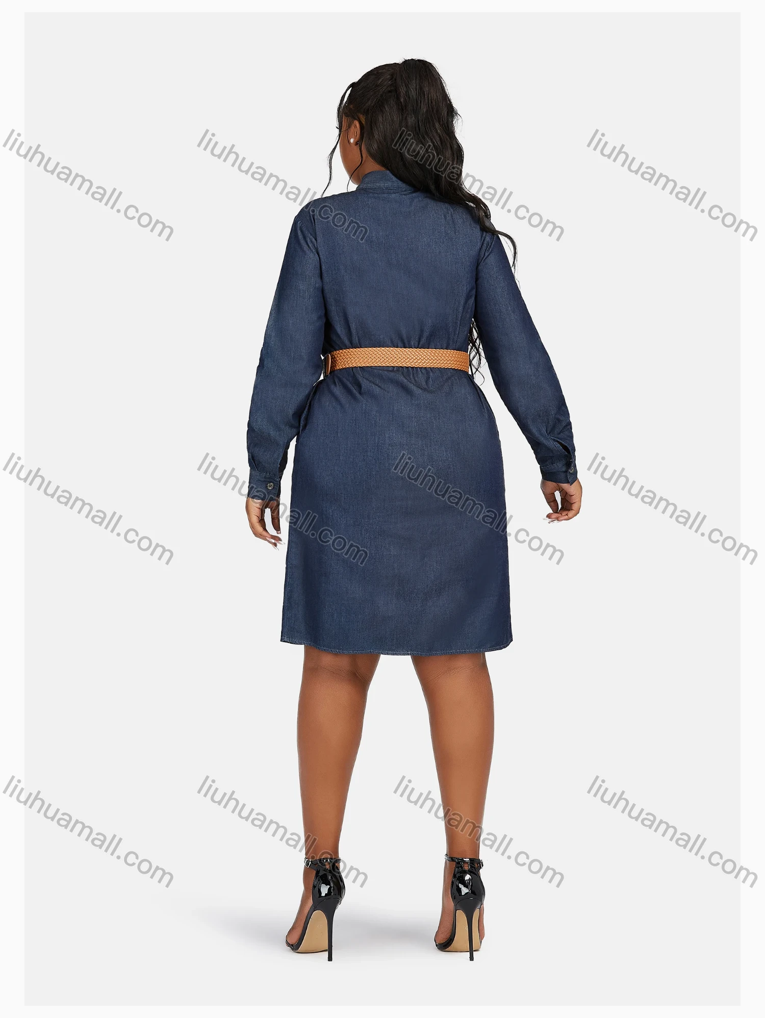 Wholesale Women's Casual Tie Neck Long Sleeve Button Down Denim Shirt Dress With Belt 190# - Liuhuamall