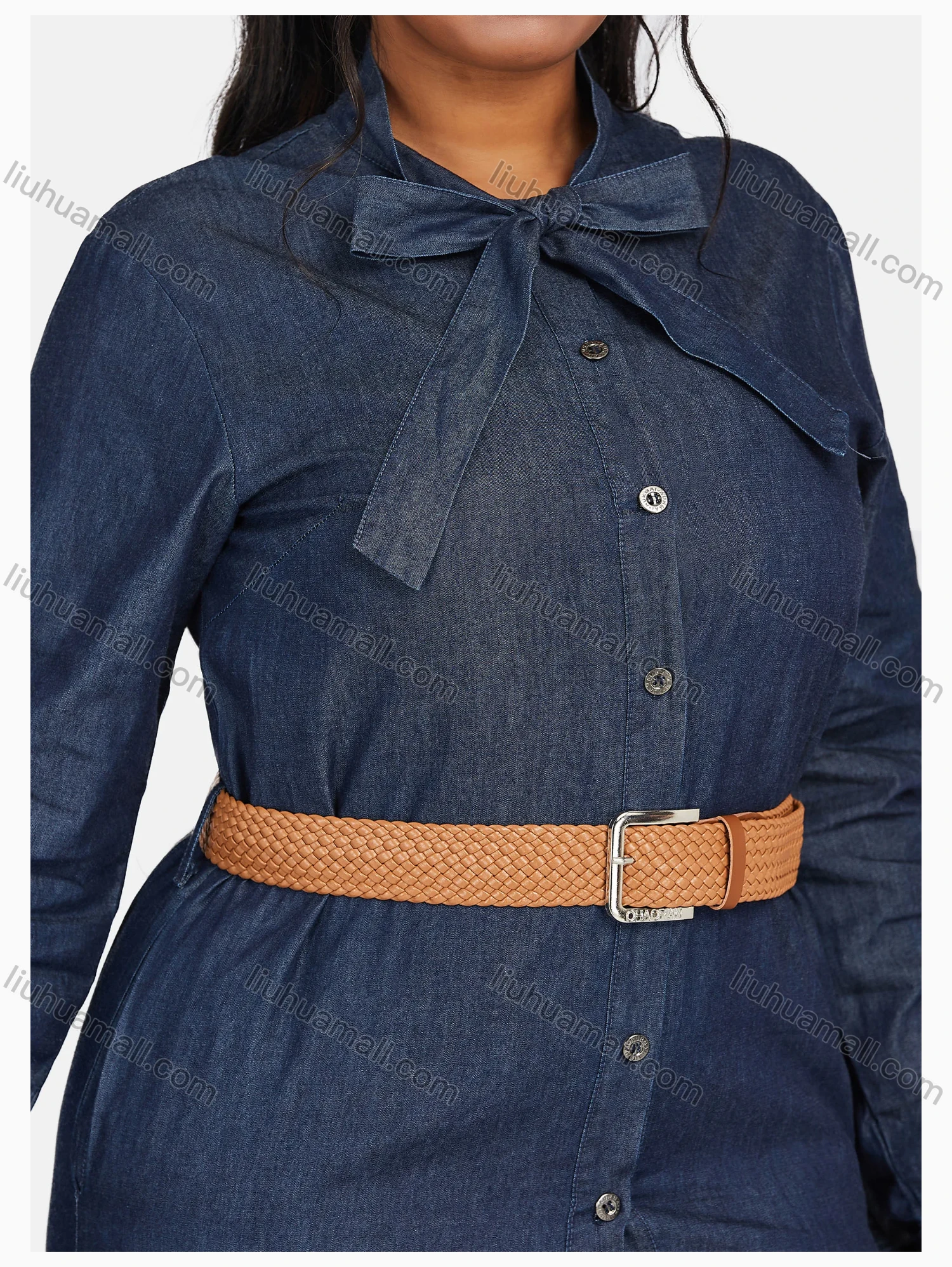 Wholesale Women's Casual Tie Neck Long Sleeve Button Down Denim Shirt Dress With Belt 190# - Liuhuamall