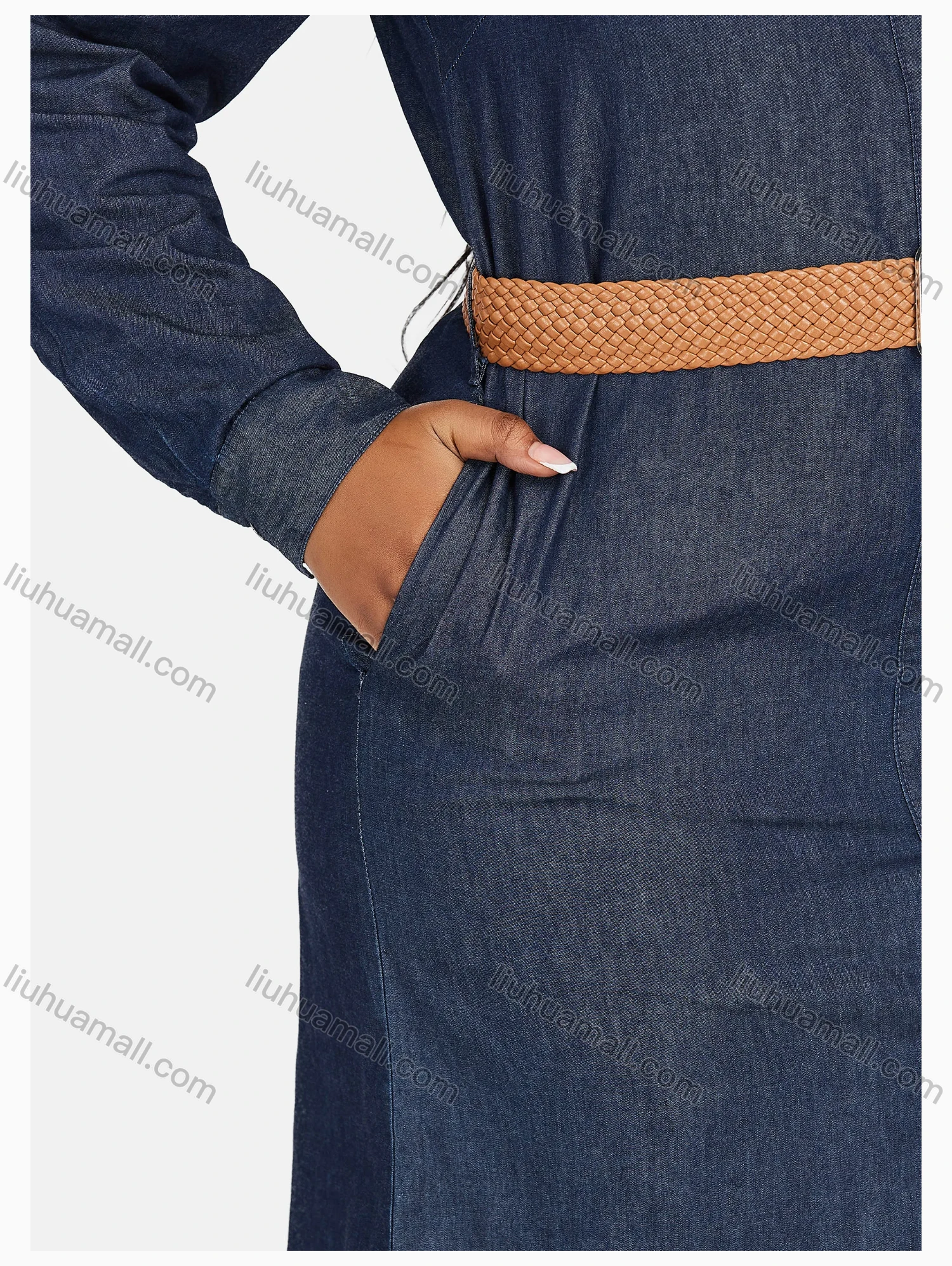 Wholesale Women's Casual Tie Neck Long Sleeve Button Down Denim Shirt Dress With Belt 190# - Liuhuamall