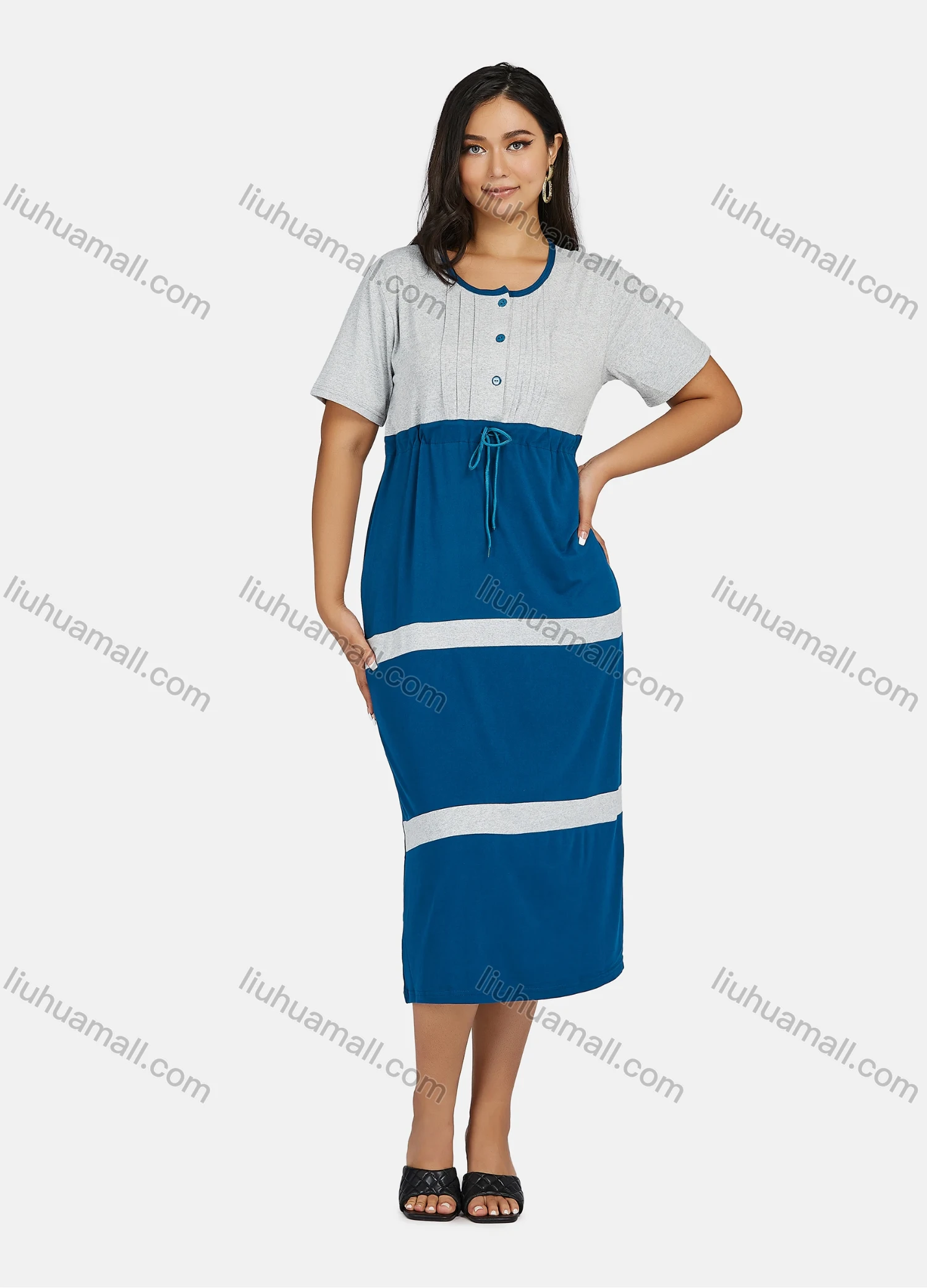 Wholesale Women's Plus Size Casual Colorblock Short Sleeve Pleated Front Splicing Midi Dress - Liuhuamall
