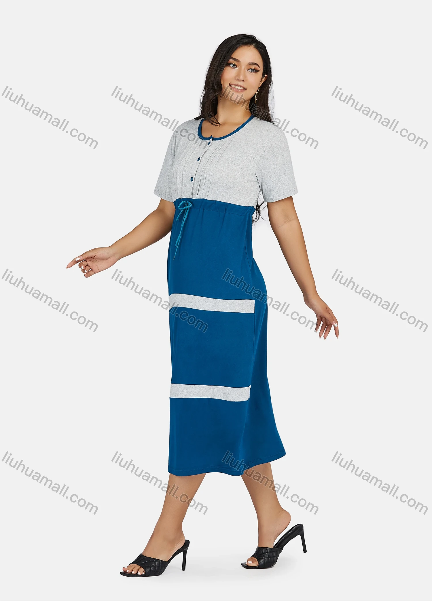 Wholesale Women's Plus Size Casual Colorblock Short Sleeve Pleated Front Splicing Midi Dress - Liuhuamall