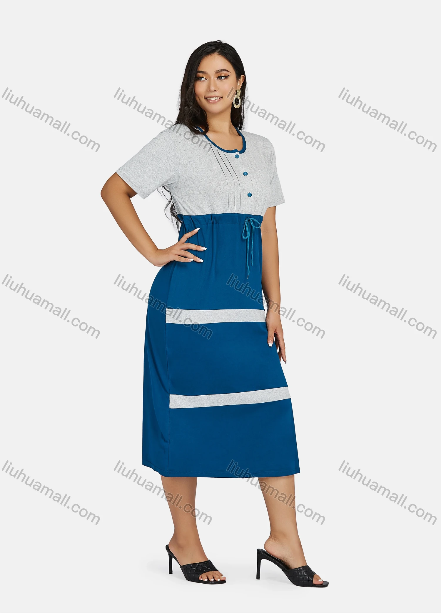 Wholesale Women's Plus Size Casual Colorblock Short Sleeve Pleated Front Splicing Midi Dress - Liuhuamall