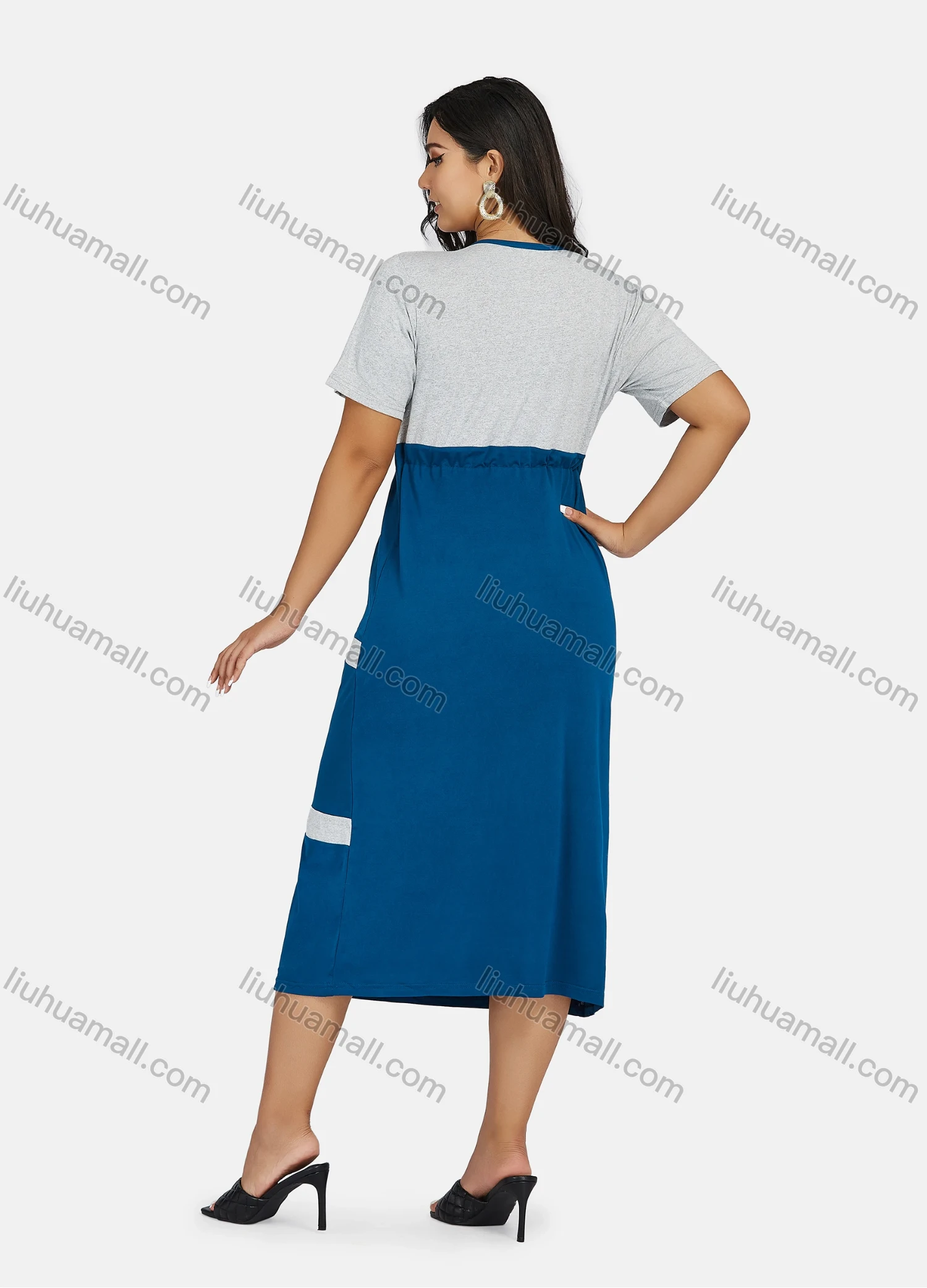 Wholesale Women's Plus Size Casual Colorblock Short Sleeve Pleated Front Splicing Midi Dress - Liuhuamall