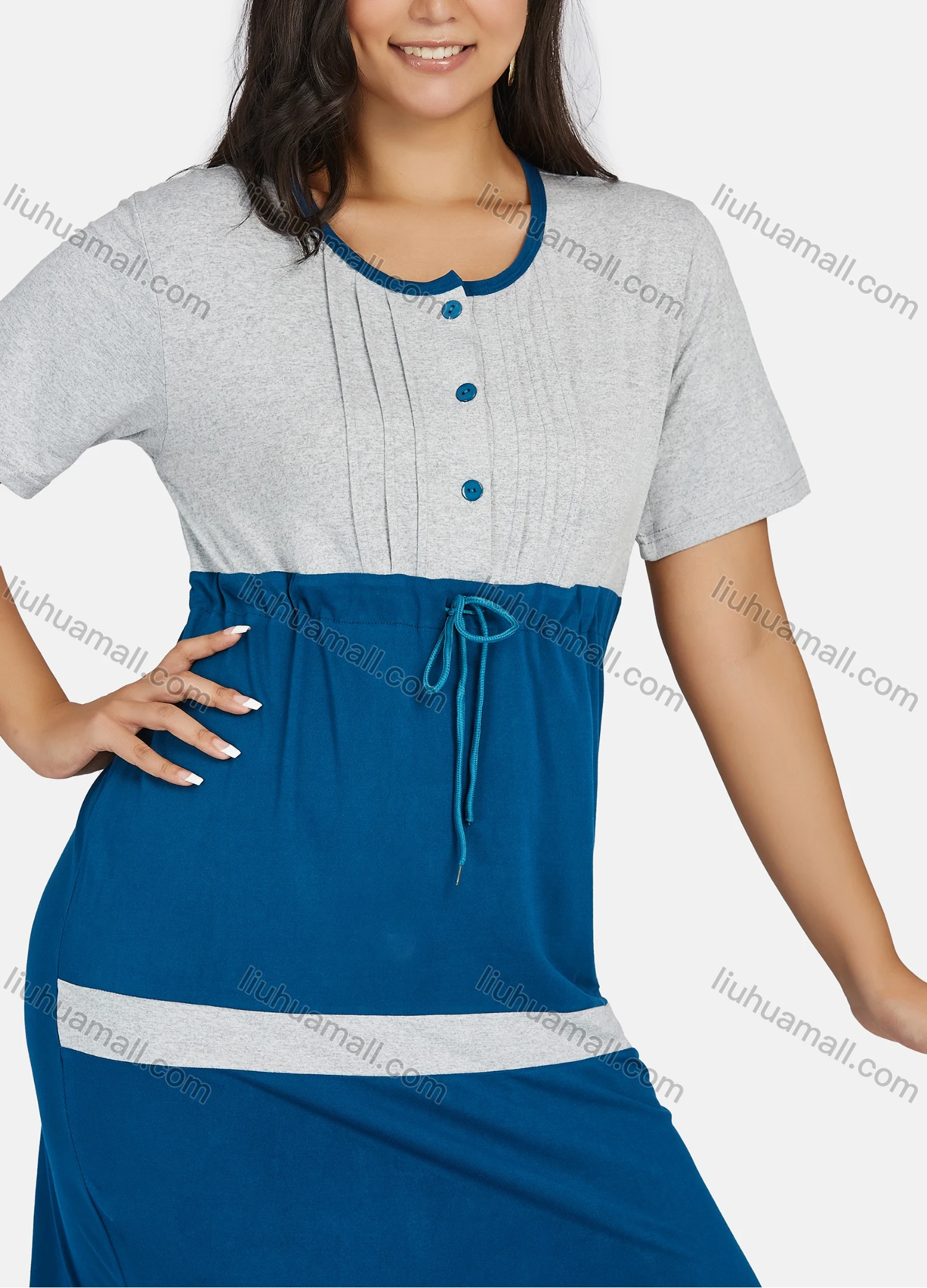 Wholesale Women's Plus Size Casual Colorblock Short Sleeve Pleated Front Splicing Midi Dress - Liuhuamall