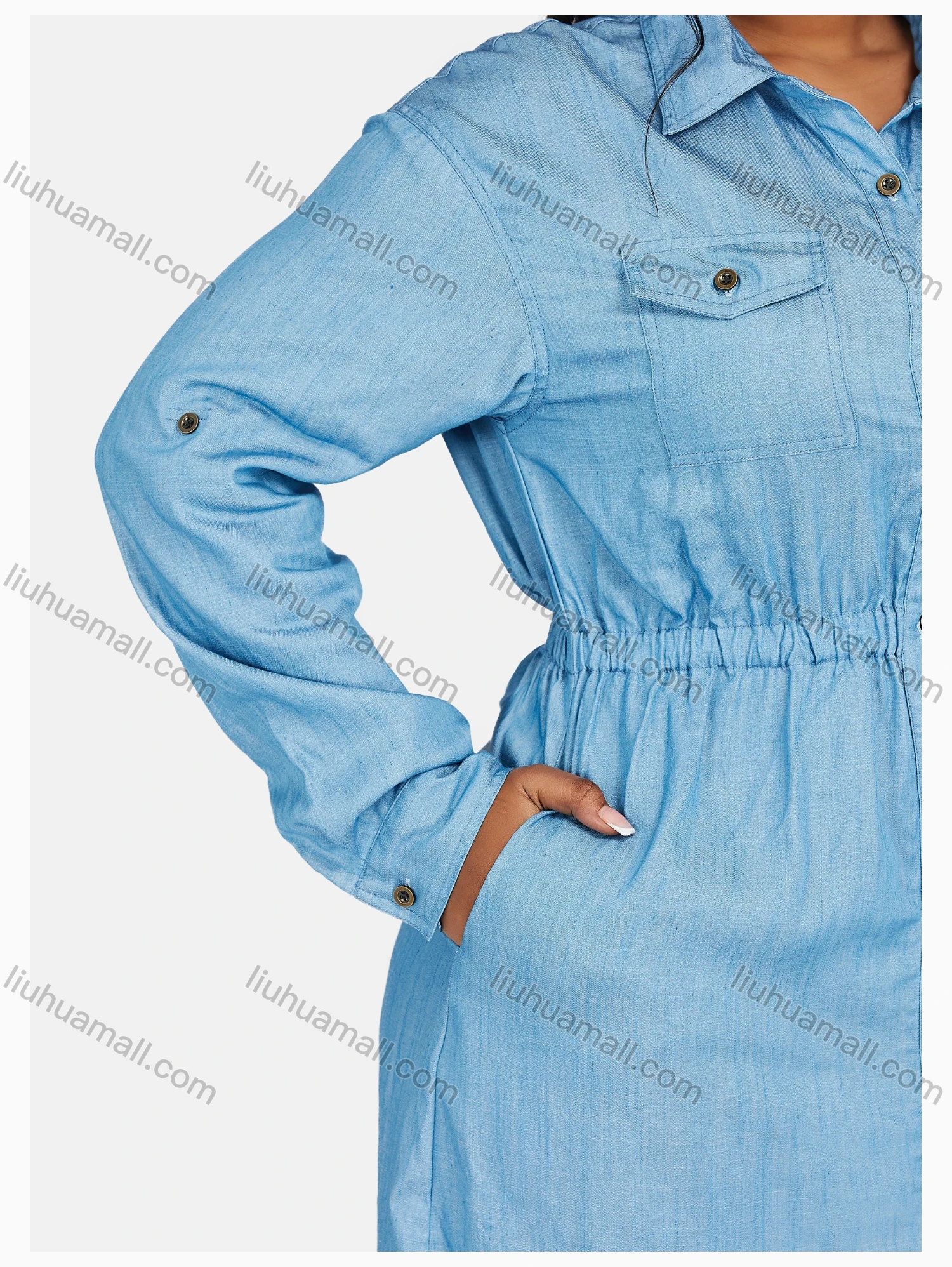 Wholesale Women's Casual Shirt Collar Long Sleeve Button Down Shirt Dress With Belt 192# - Liuhuamall